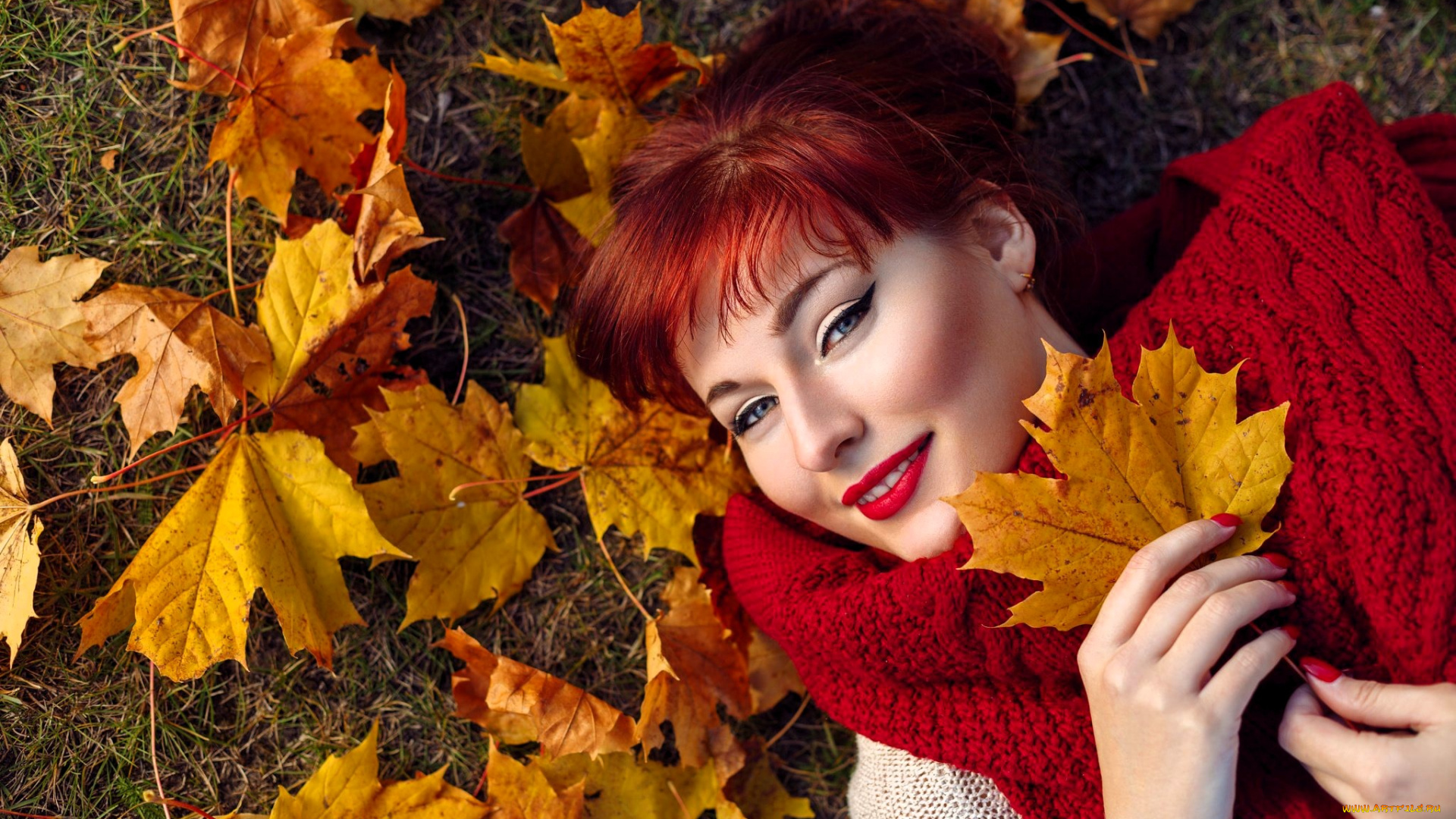 девушки, -, рыжеволосые, и, разноцветные, рыжая, свитер, листья, кленовые, осень, трава, лужайка