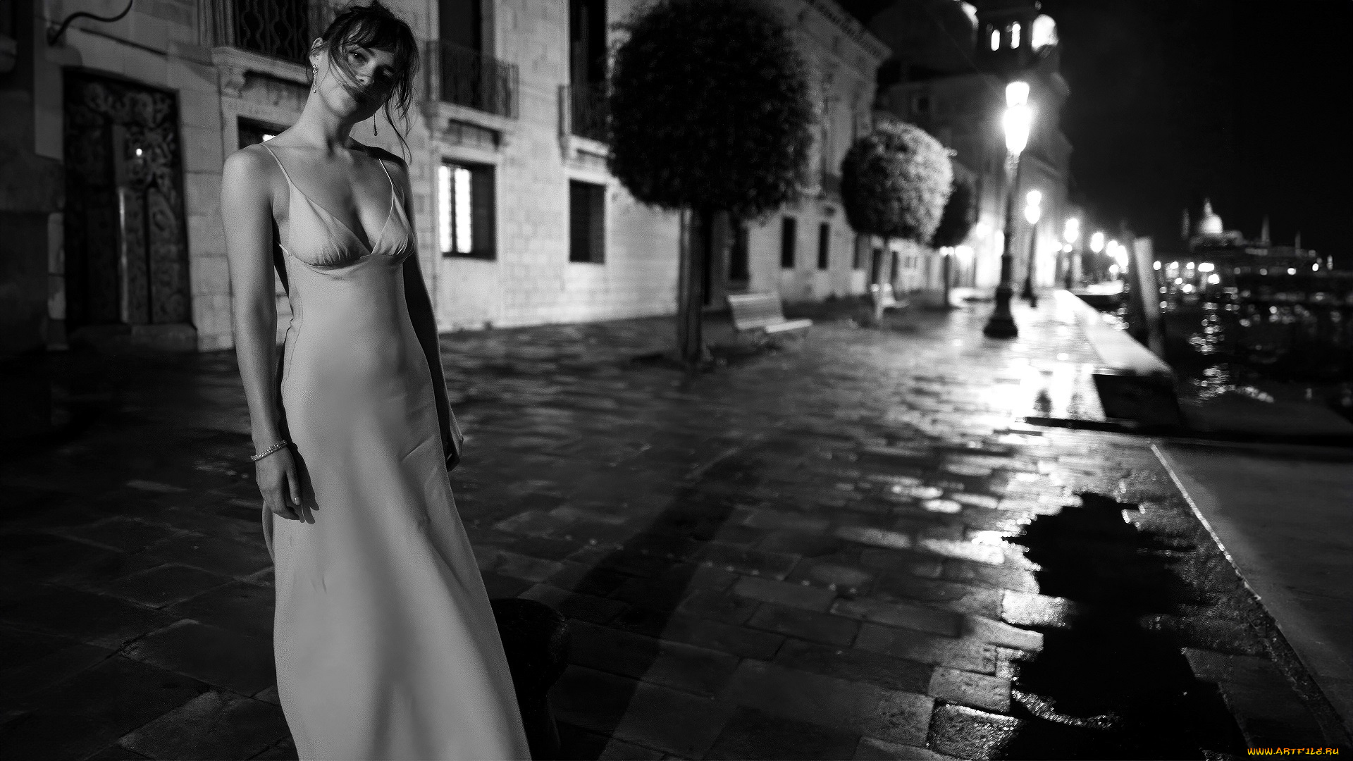 девушки, dakota, johnson, черно-белая, актриса, платье, город, улица, дома, деревья