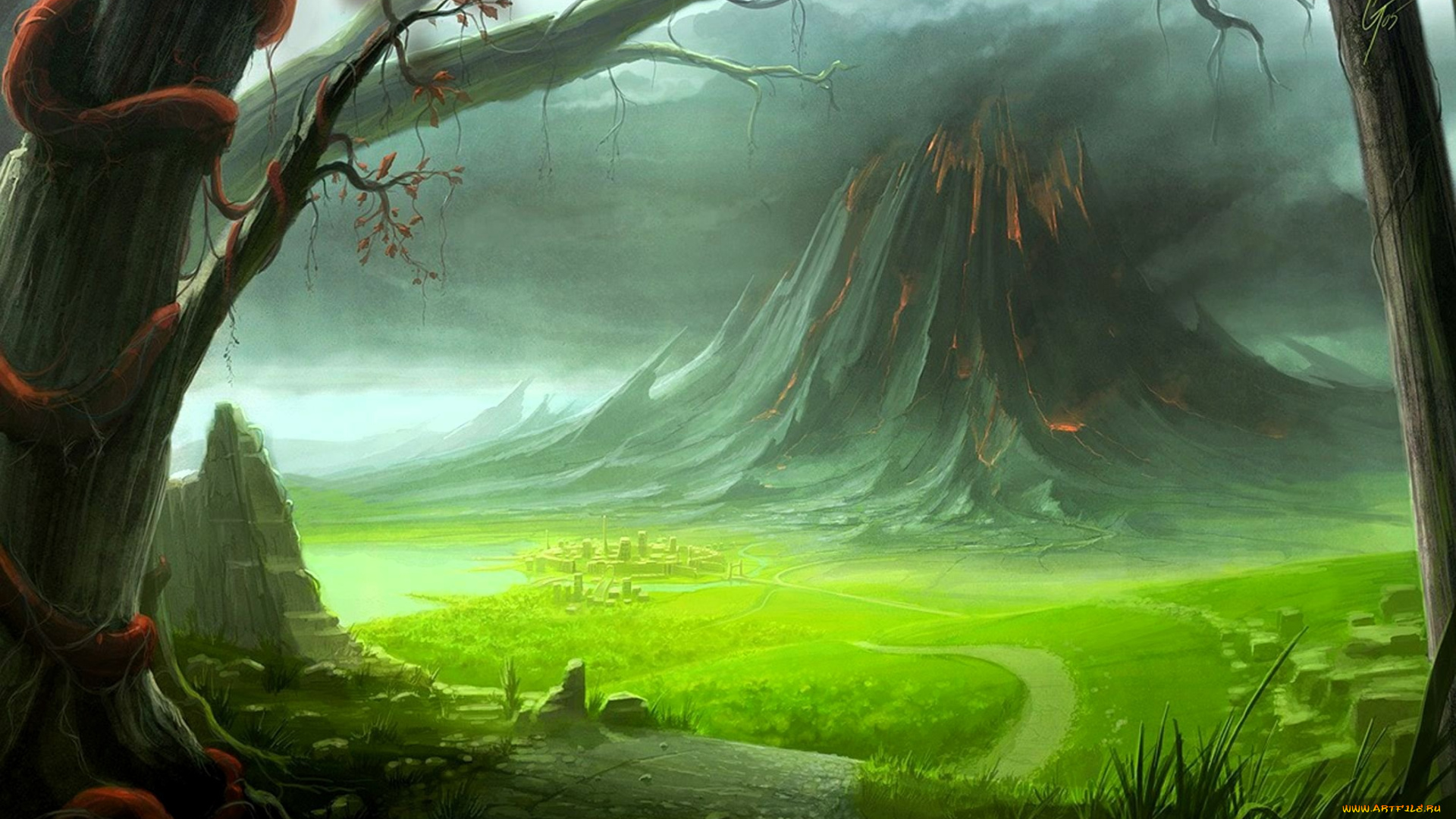 фэнтези, _lord, of, the, rings, деревья, поляна, дорожка, вулкан