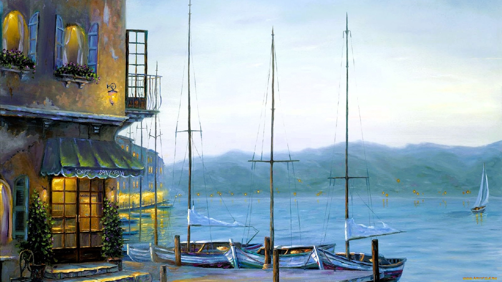 рисованное, robert, finale, дом, огни, причал, озеро, яхты, горы