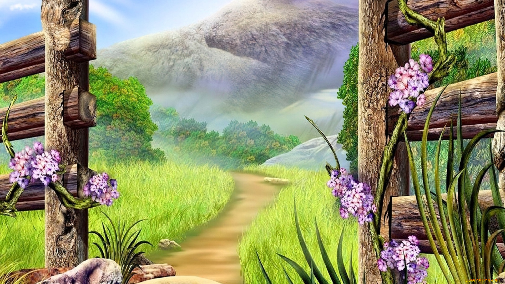 рисованное, живопись, горы, дорожка, деревья, забор, калитка, цветы, камни