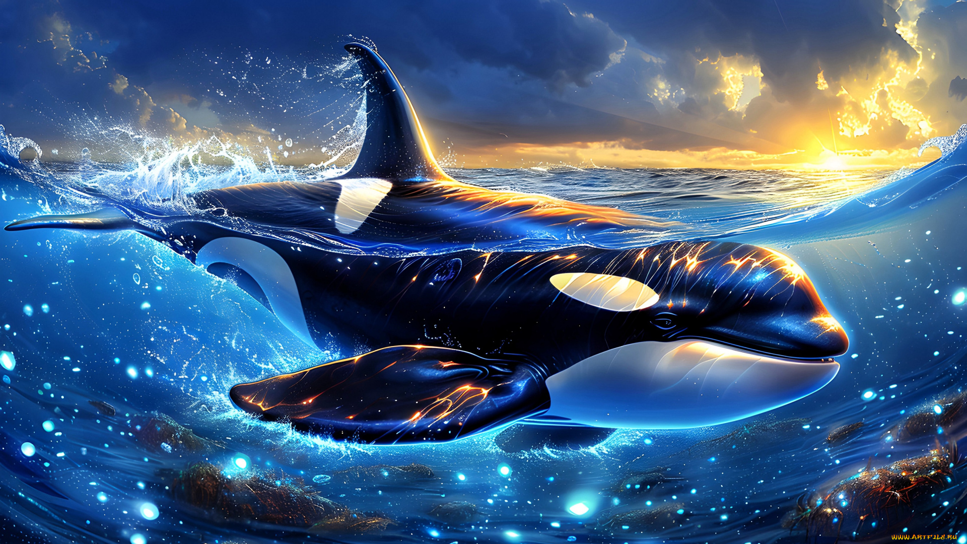 рисованное, животные, , косатки, море, тучи, косатка