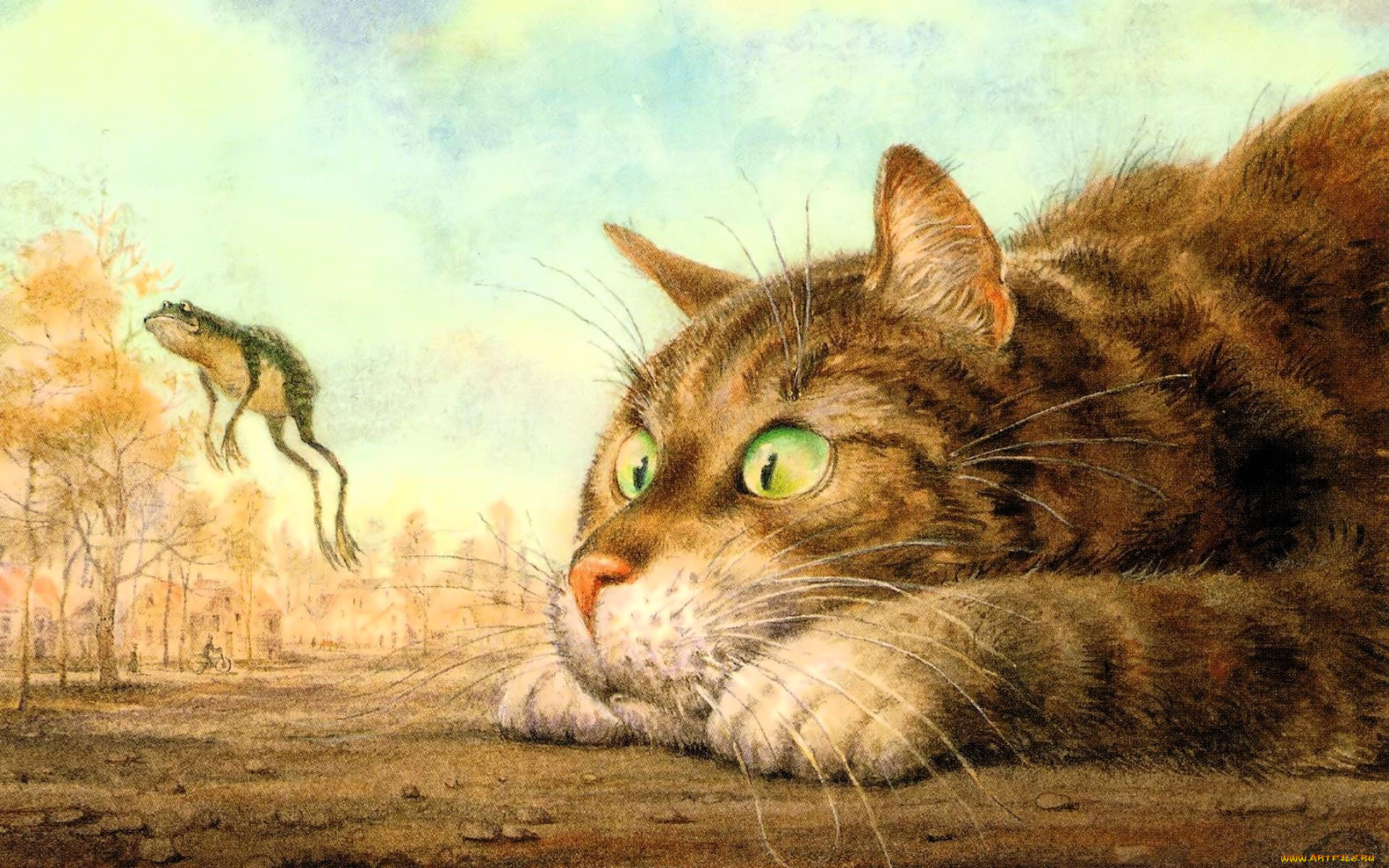 рисованное, животные, кот, лягушка, прыжок, деревья