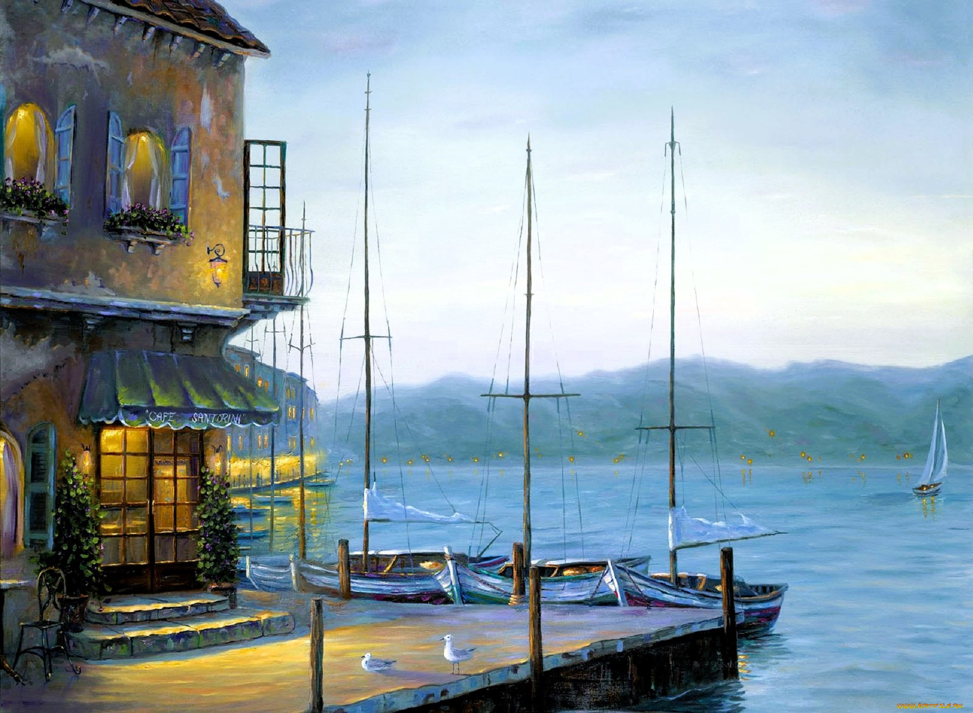 рисованное, robert, finale, дом, огни, причал, озеро, яхты, горы