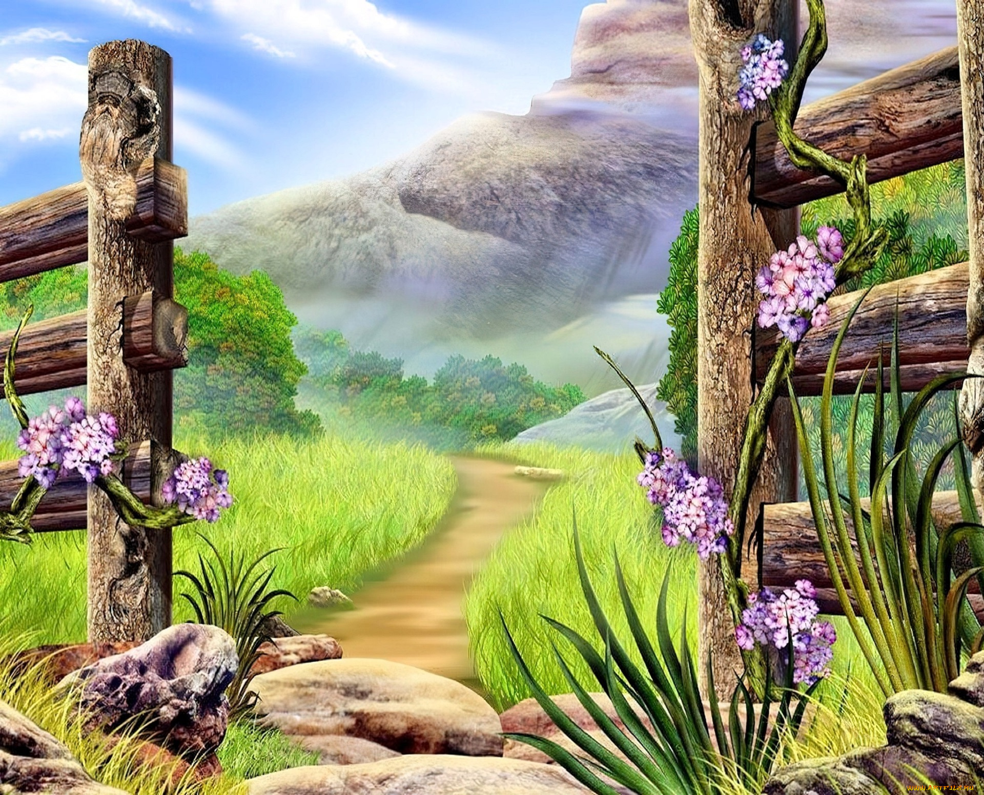 рисованное, живопись, горы, дорожка, деревья, забор, калитка, цветы, камни