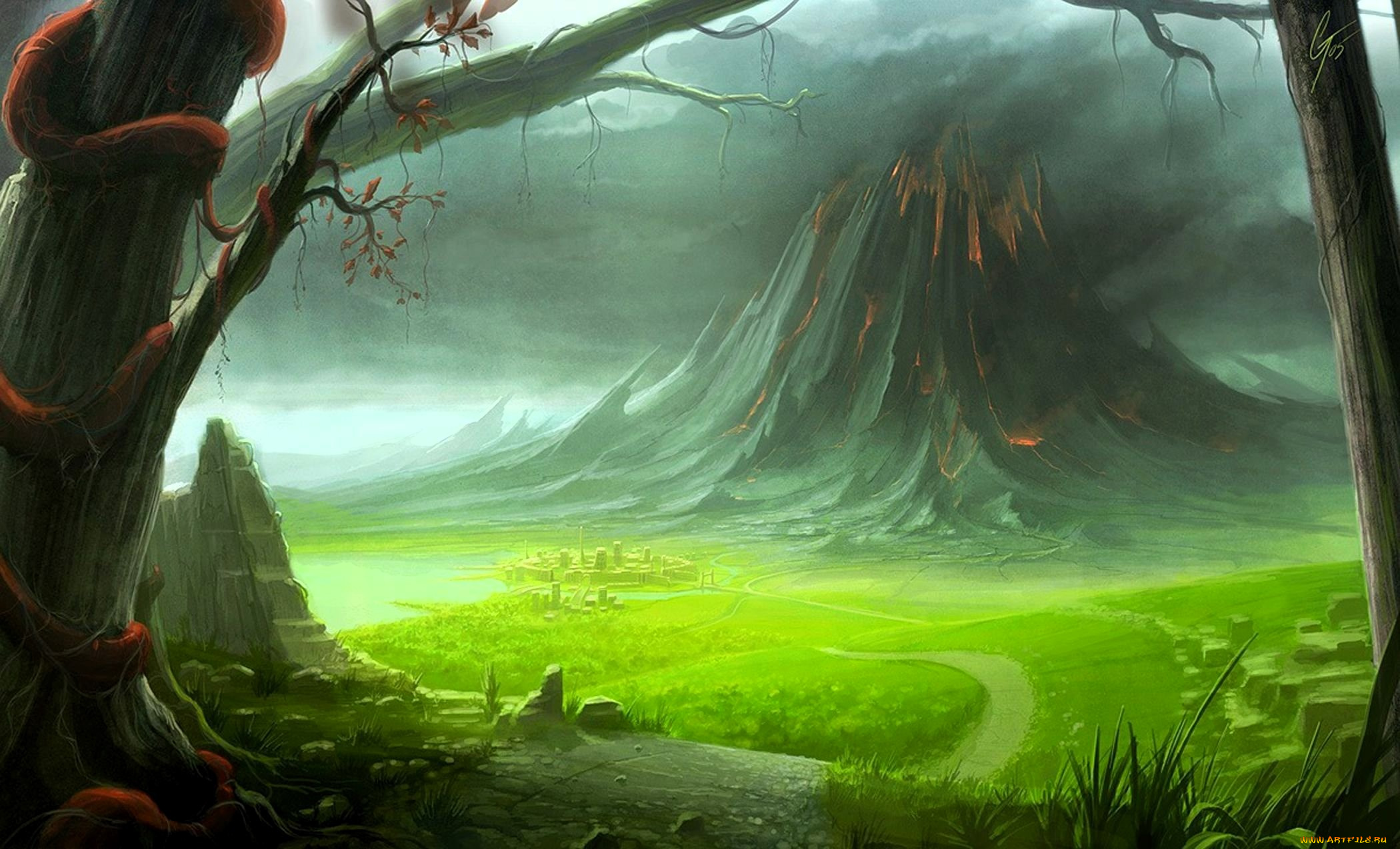 фэнтези, _lord, of, the, rings, деревья, поляна, дорожка, вулкан