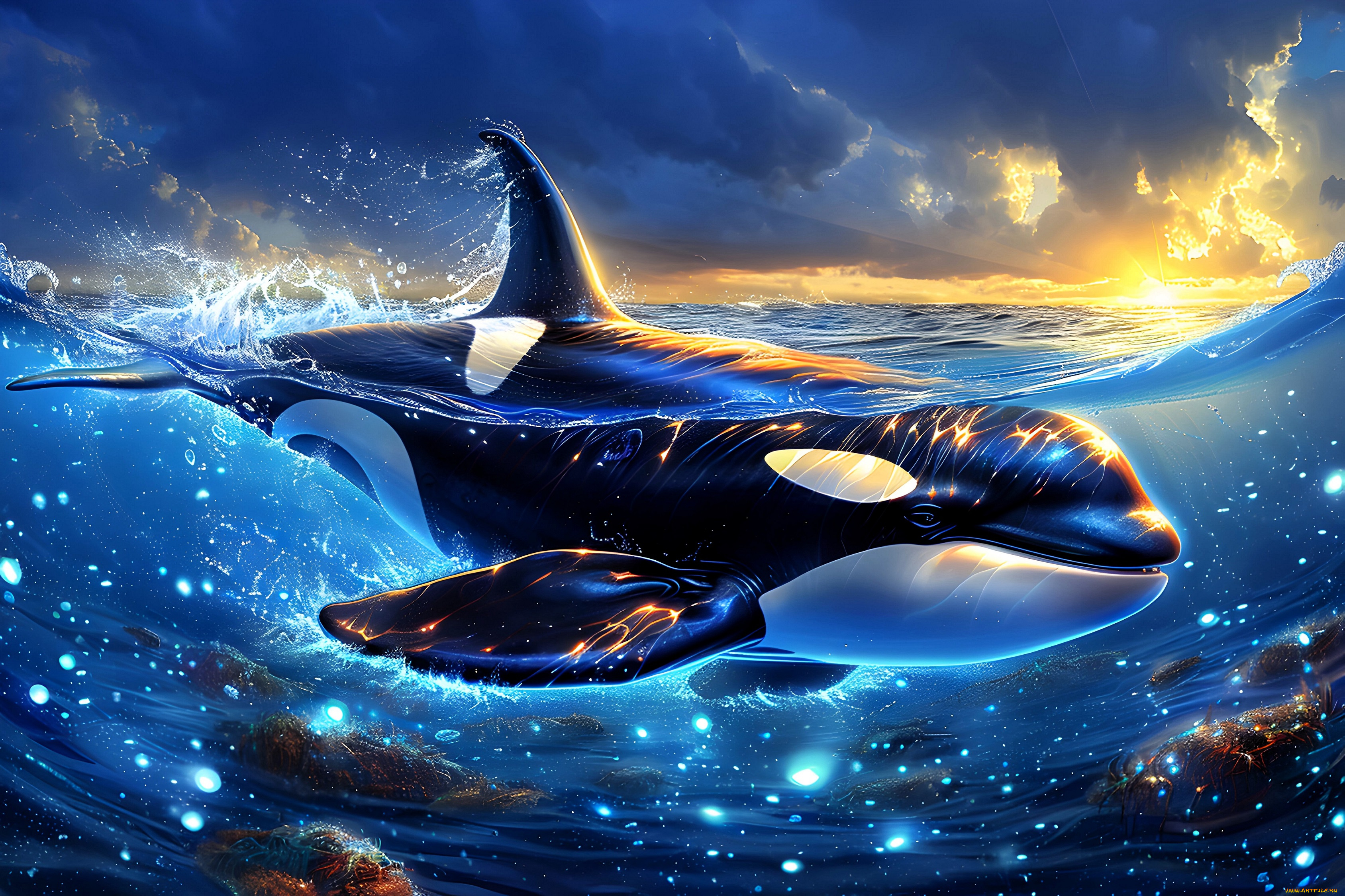 рисованное, животные, , косатки, море, тучи, косатка