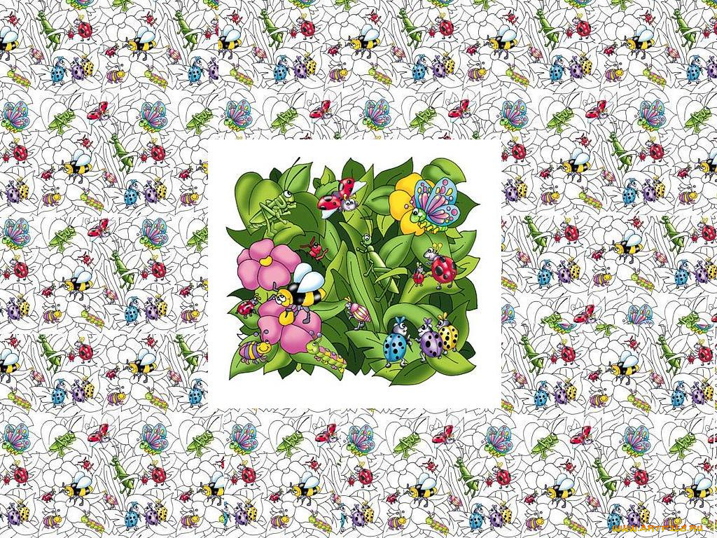 рисованные, животные, сказочные, мифические, бабочка, кузнечик, пчела, божья, коровка