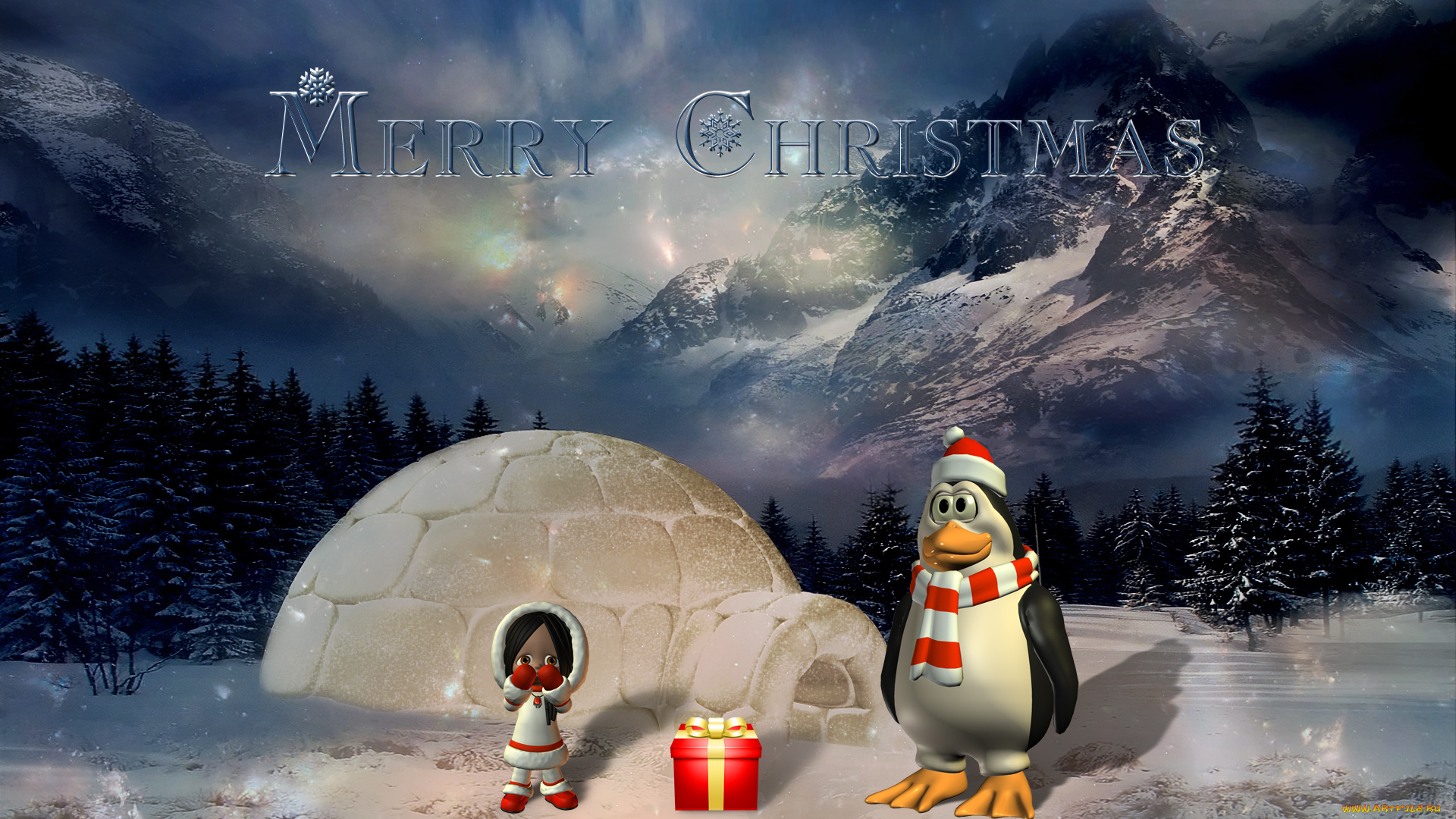 3д, графика, holidays, праздники, девушка, пингвин, горы