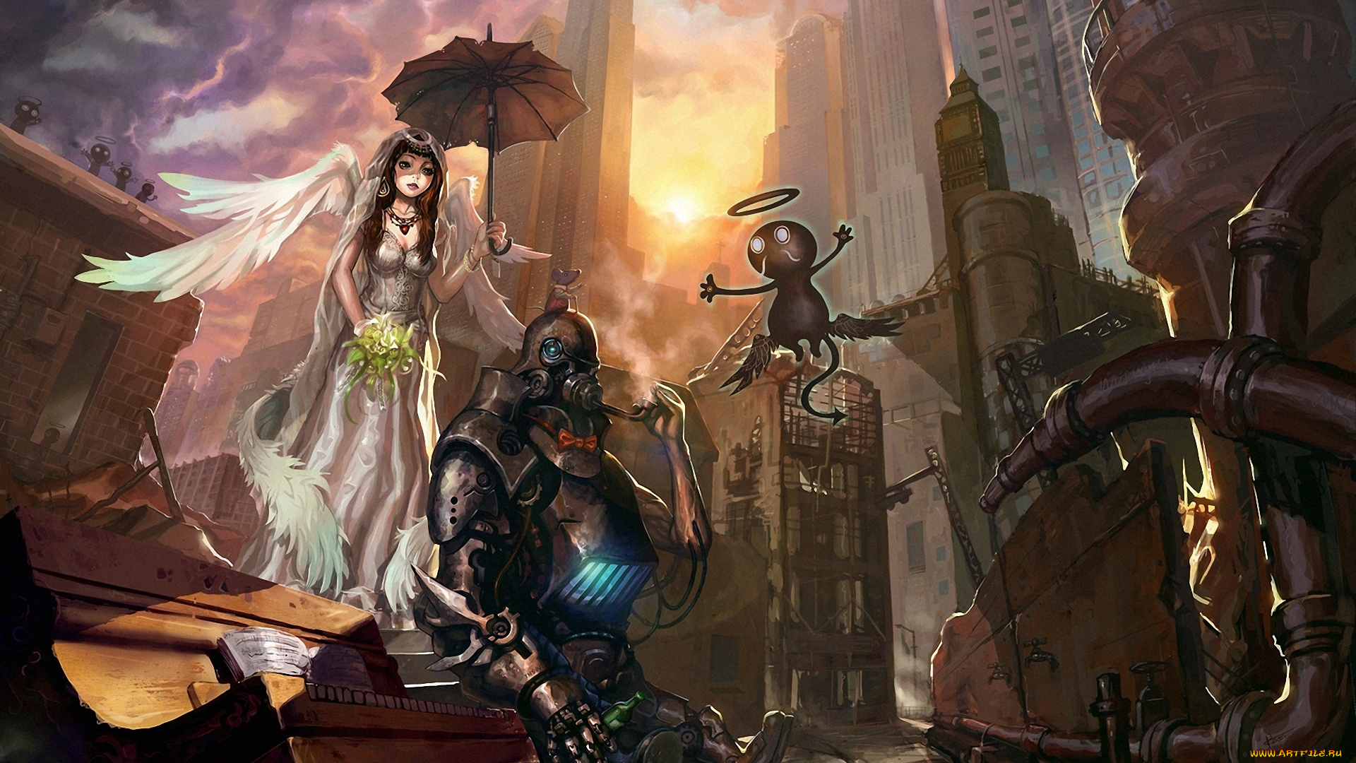 фэнтези, существа, ангел, робот, девушка, город