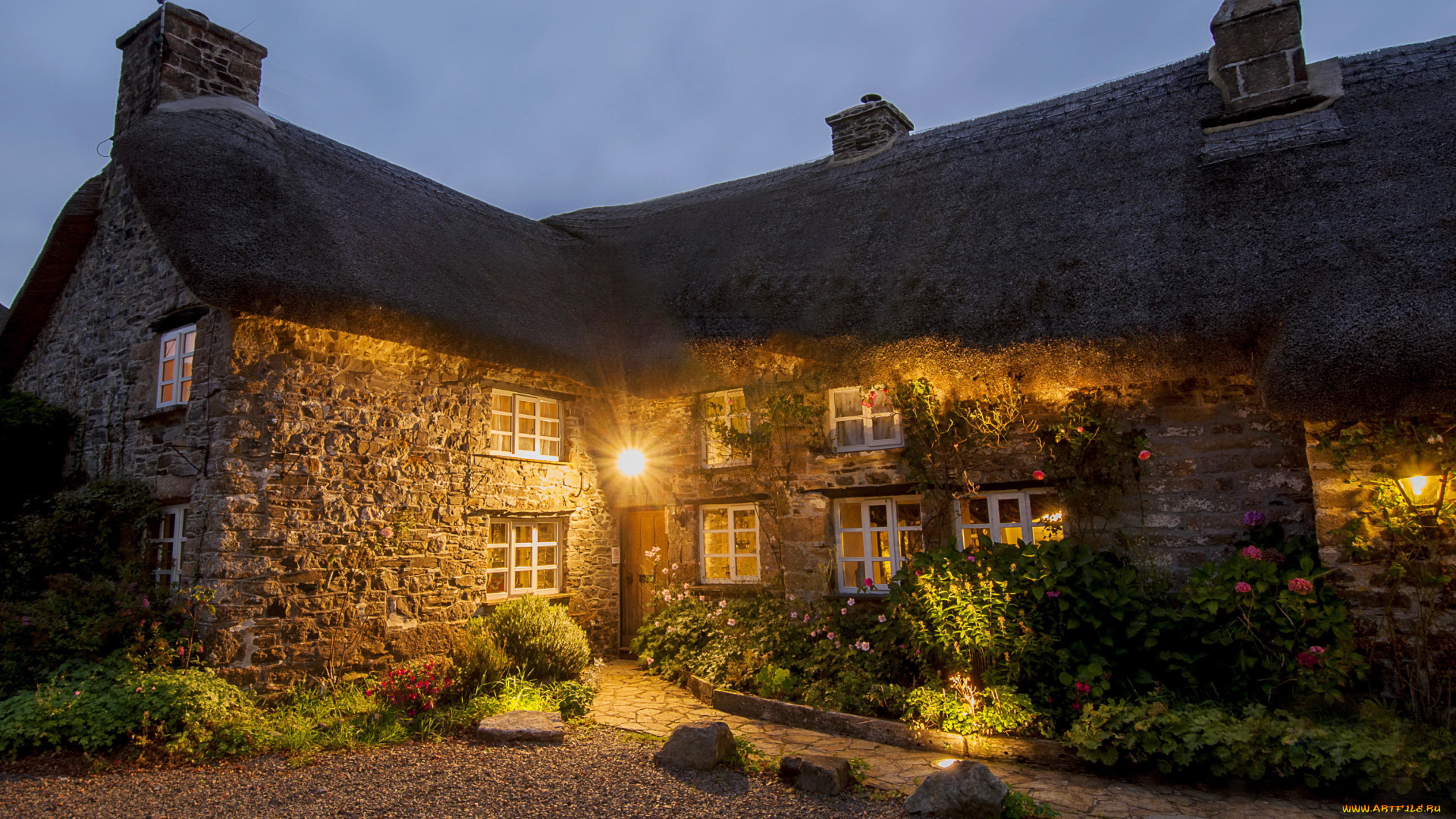 devon, , англия, города, -, здания, , дома, англия, дом, ночь, огни, фонарь, деревья, devon