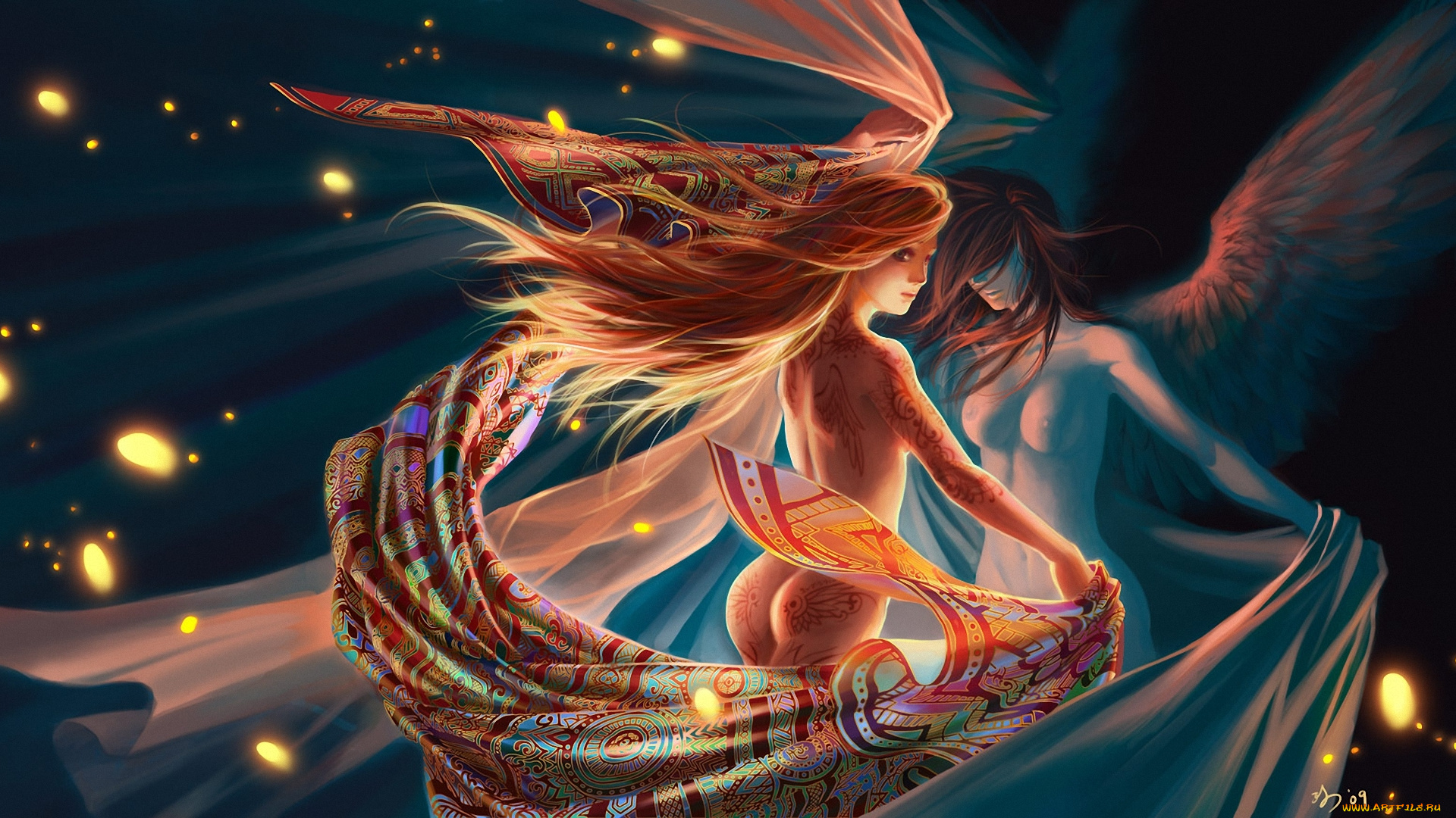 фэнтези, ангелы, узоры, обнажена, тату, ткань, крылья, девушки