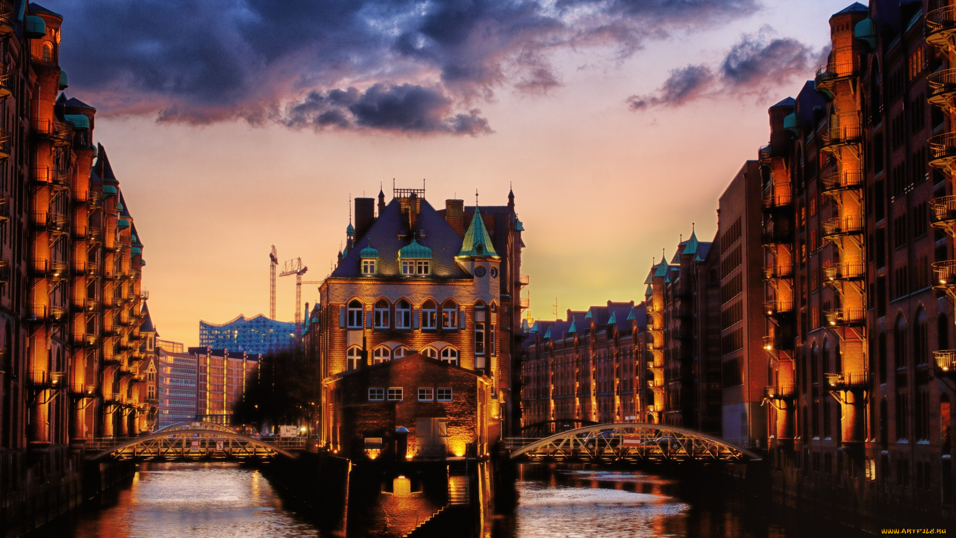 гамбург, , германия, города, -, огни, ночного, города, мост, ночь