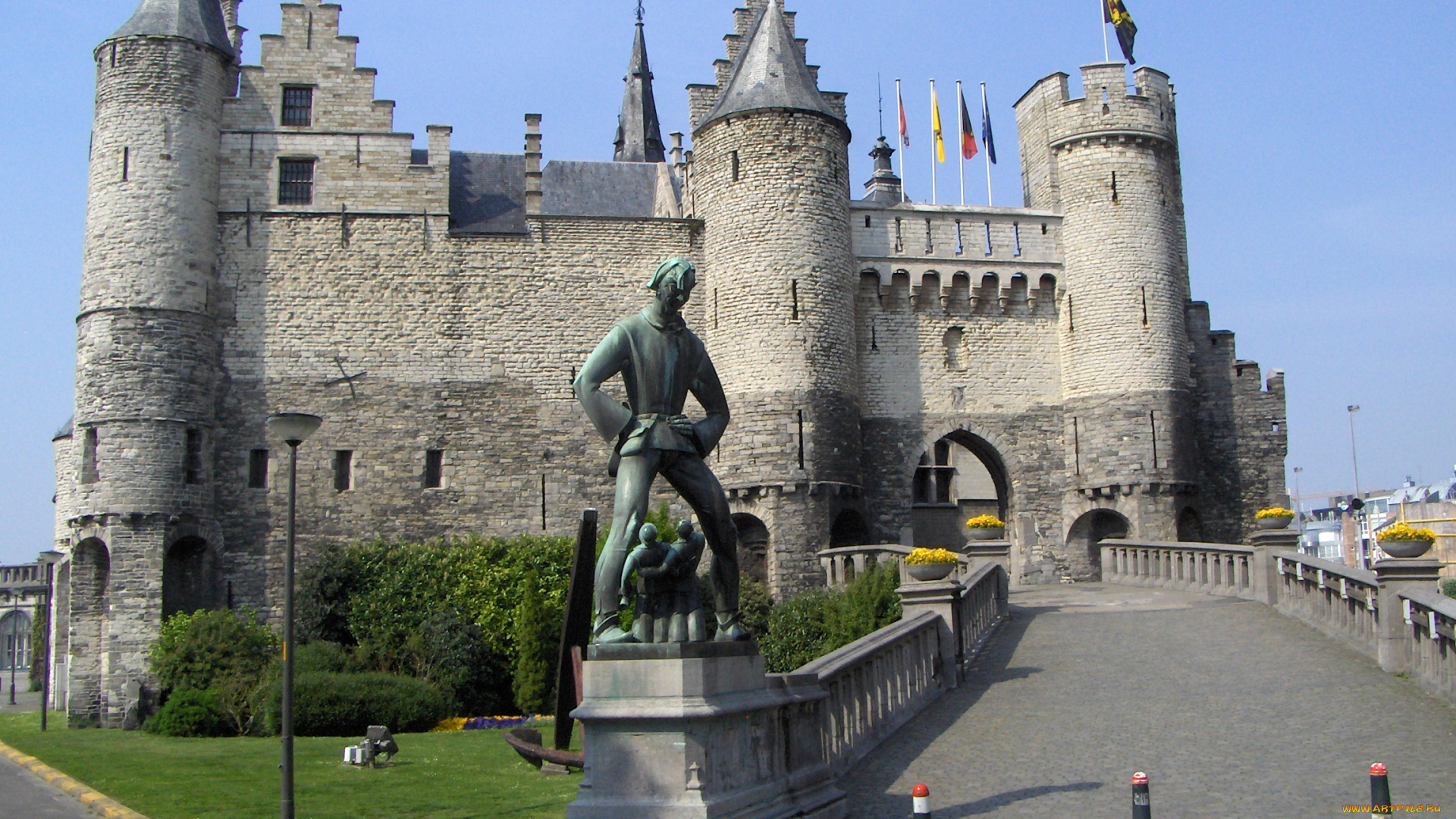 het, steen, -, antwerpen, , belgium, города, -, дворцы, , замки, , крепости, дорога, статуя, замок