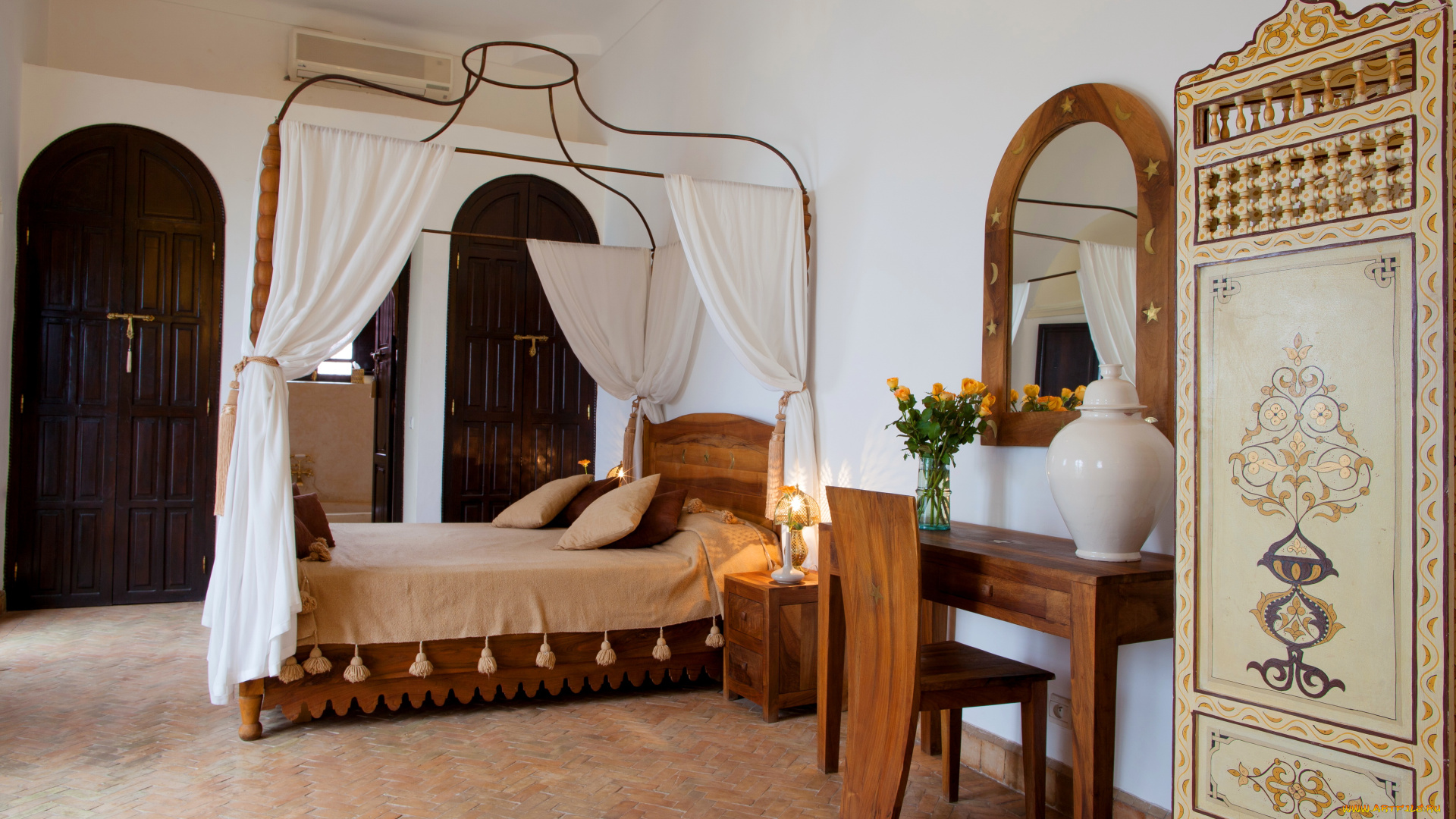 интерьер, спальня, постель, кровать, трюмо