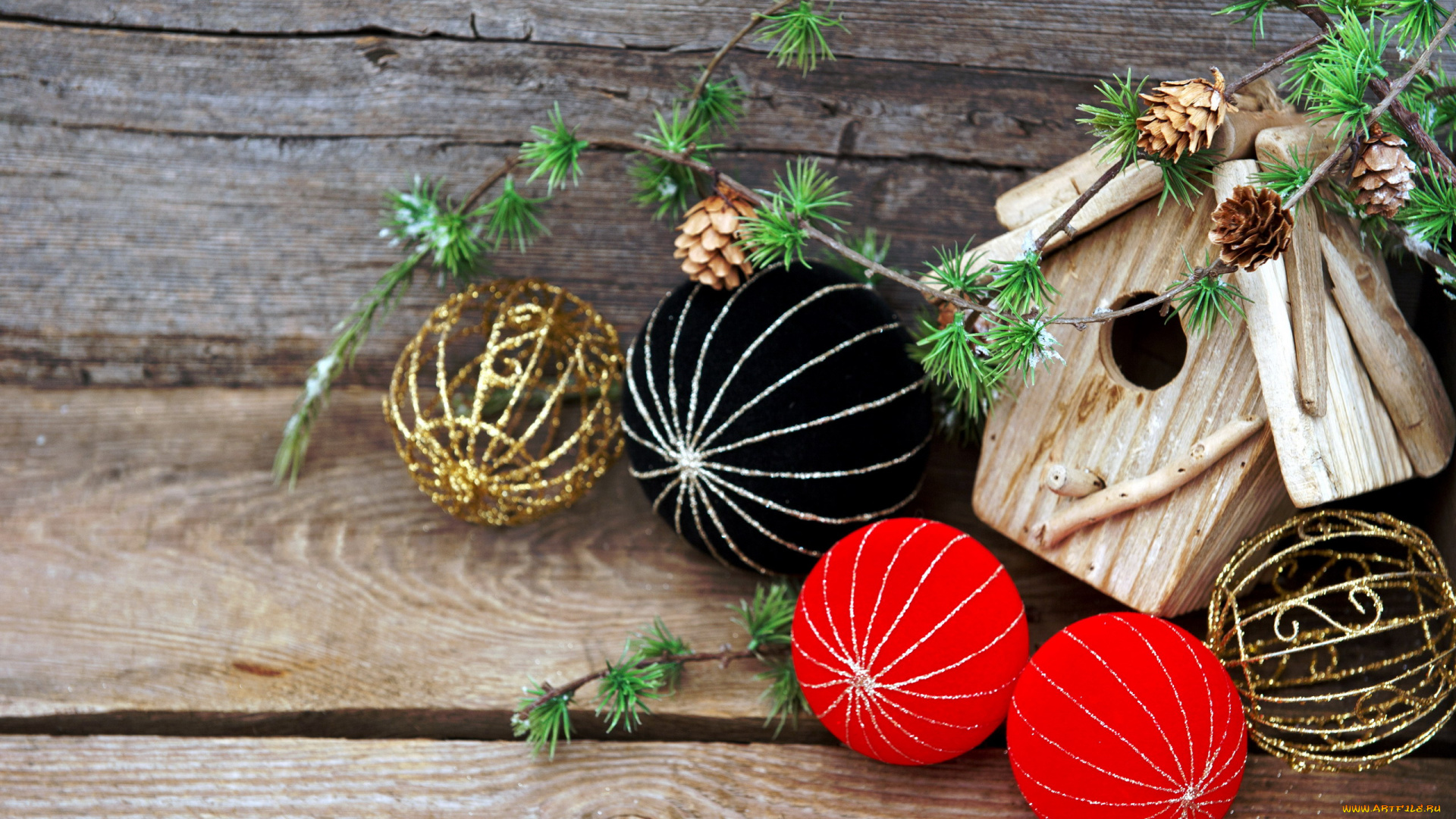 праздничные, шарики, скворечник, шишки