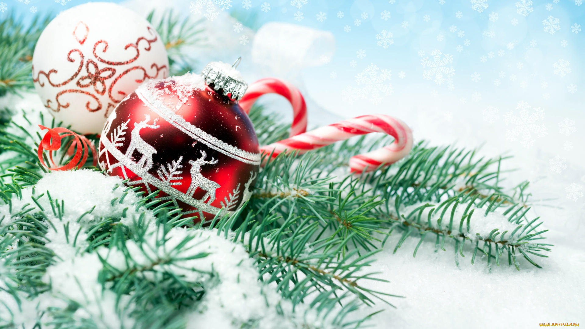 праздничные, шарики, снег, ветка