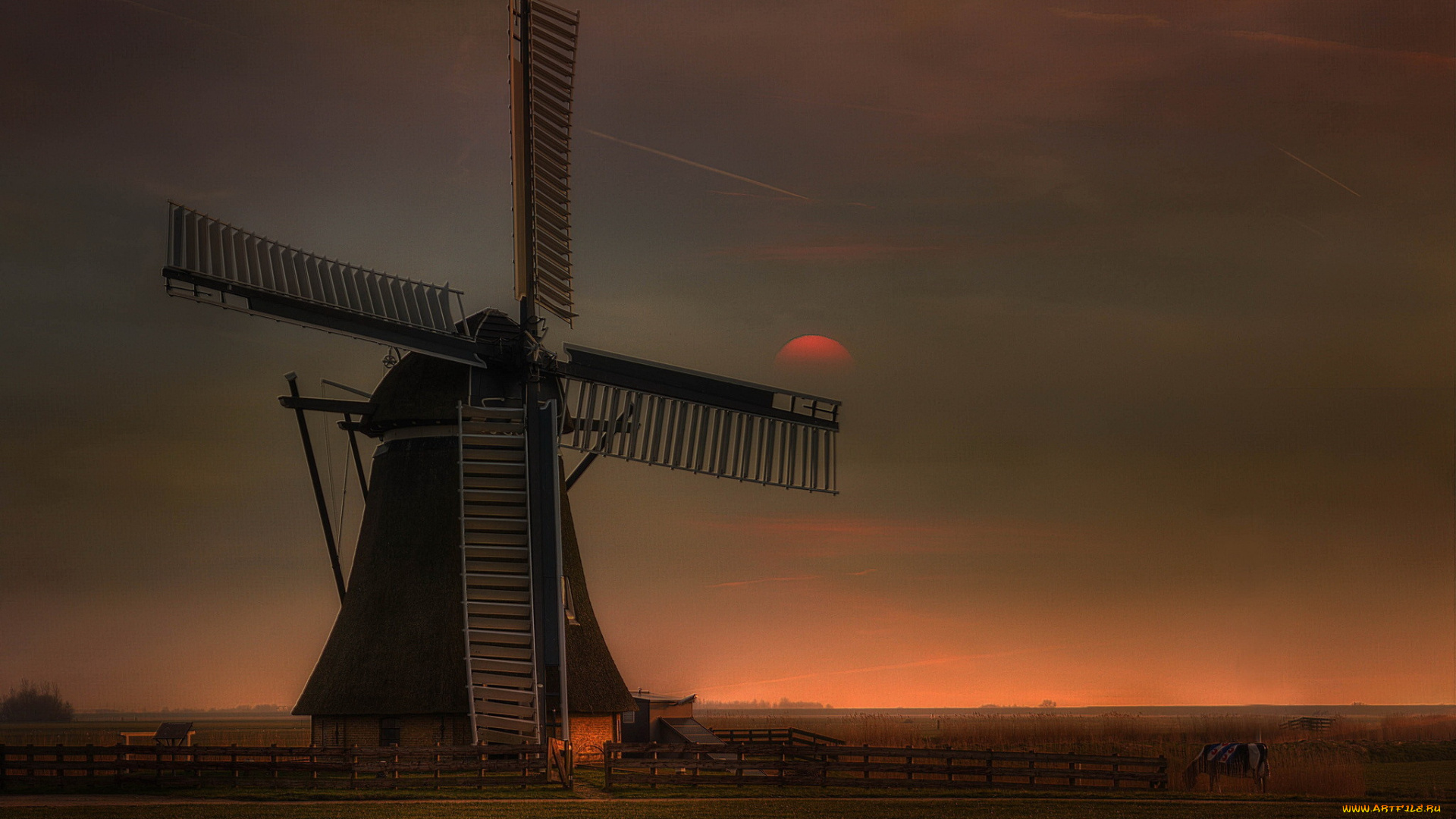 разное, мельницы, поле, сумерки, вечер, ограда, ветряная, мельница