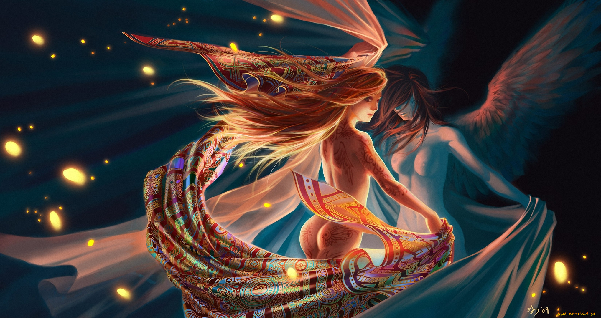 фэнтези, ангелы, узоры, обнажена, тату, ткань, крылья, девушки