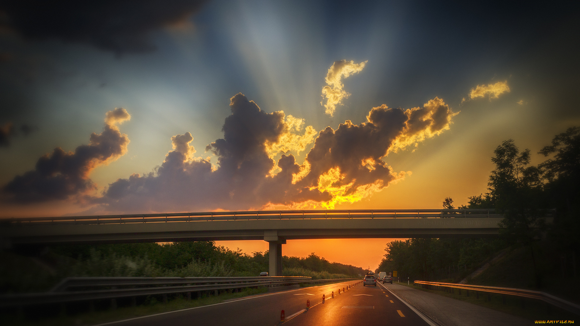 города, -, мосты, свет, облака, трасса, мост, машины, небо
