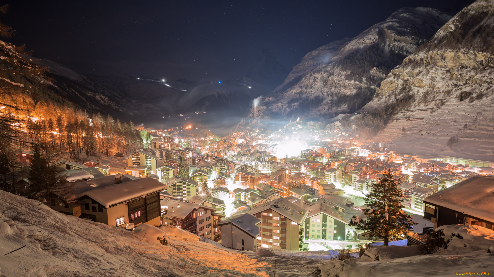 города, -, огни, ночного, города, снег, горы, городок, зима, ночь, огни, звезды, небо, ущелье, швейцария