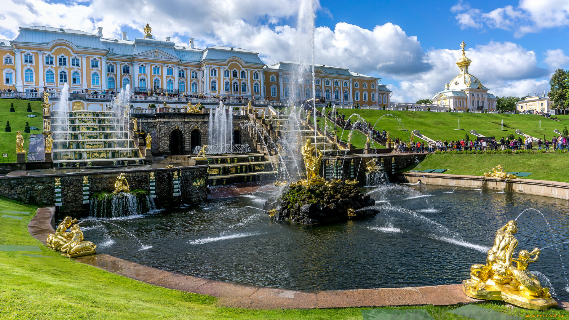 grand, peterhof, palace, and, the, grand, cascade, at, saint, petersburg, города, санкт-петербург, , петергоф, , россия, фонтаны, дворец