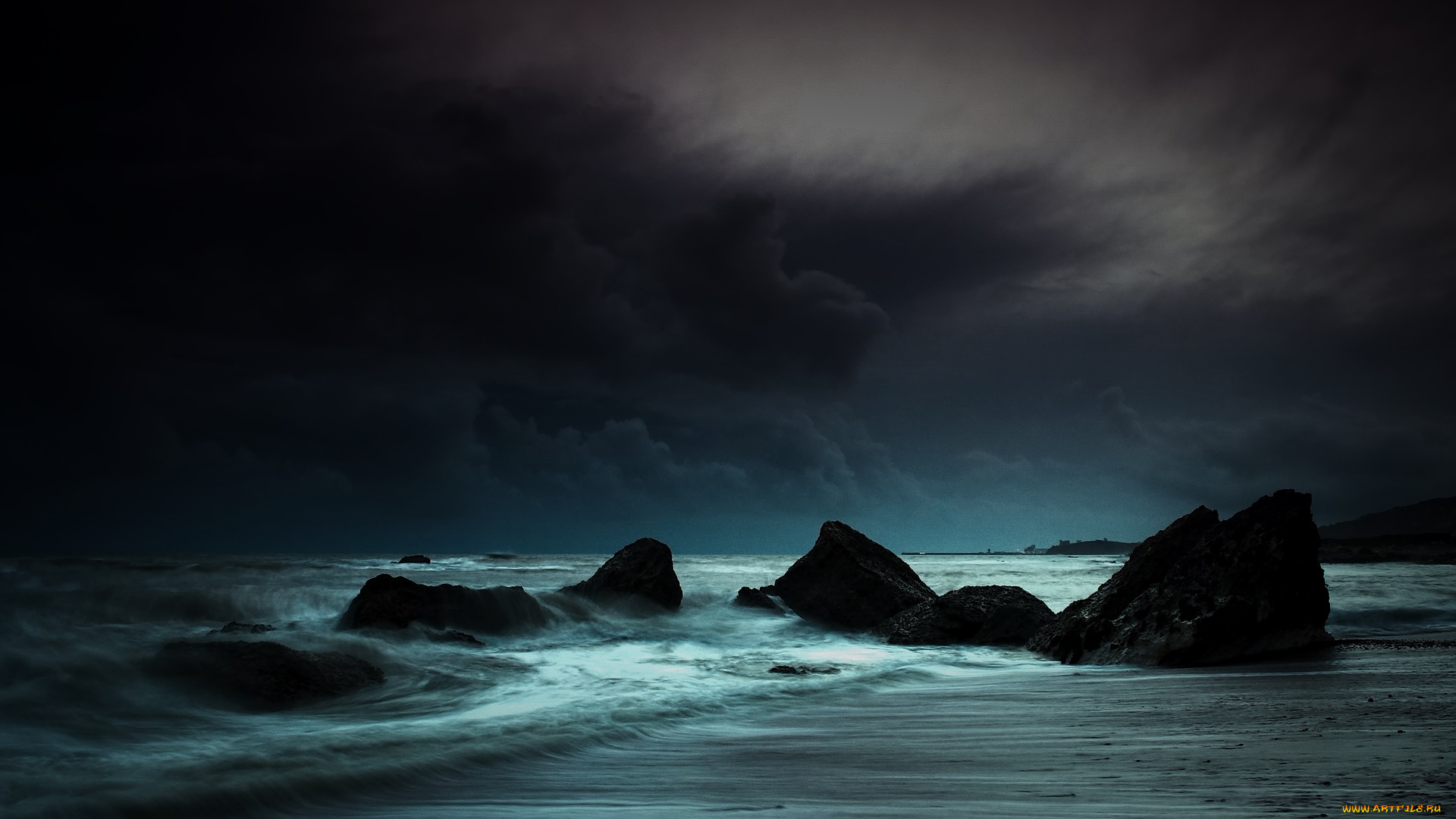 природа, побережье, море, ночь, камни