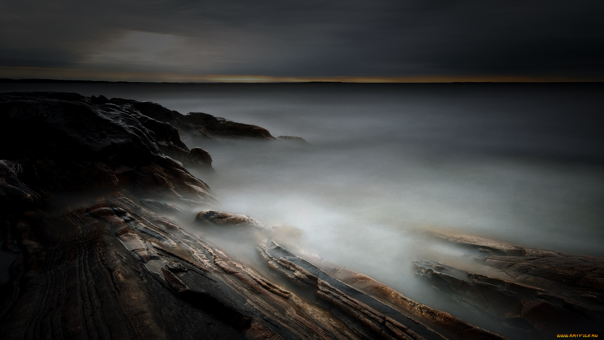 природа, побережье, озеро, туман, камни