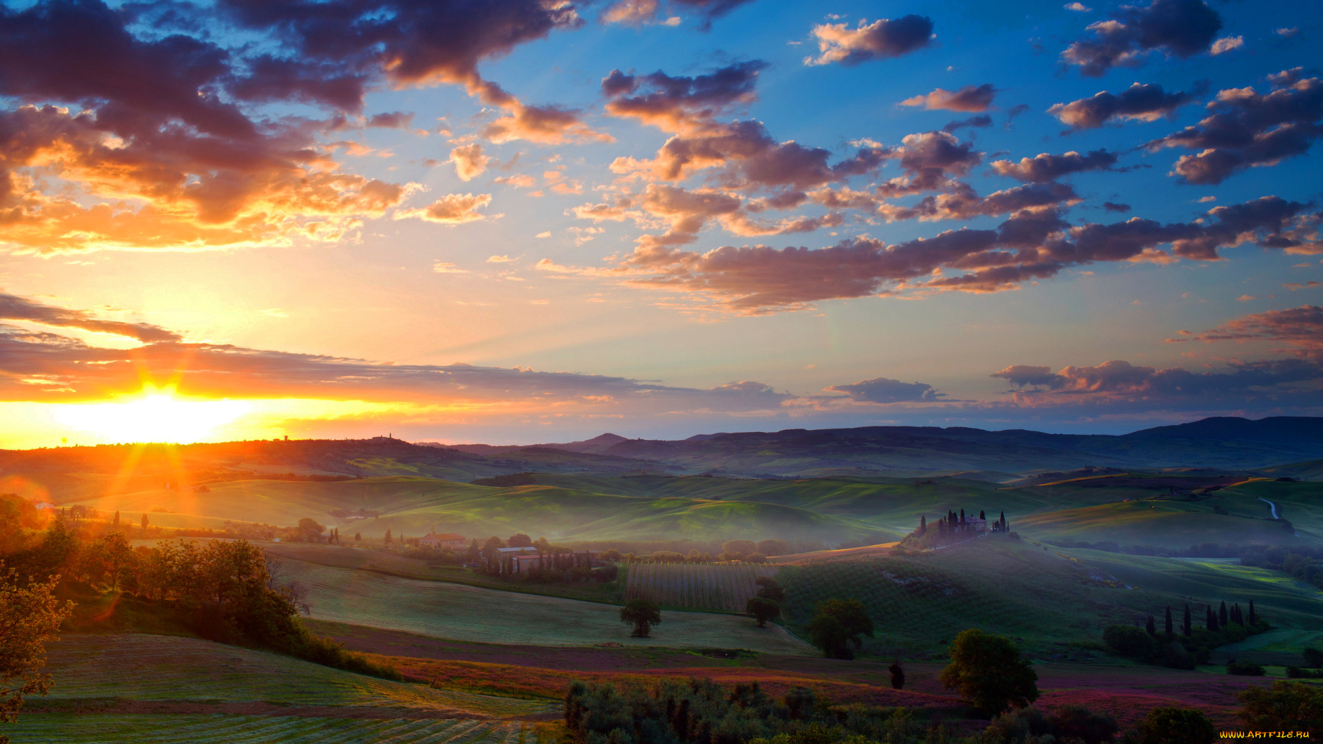 природа, восходы, закаты, field, sunrises, горы, небо, поля, рассвет, италия, mountains, scenery, italy, sky