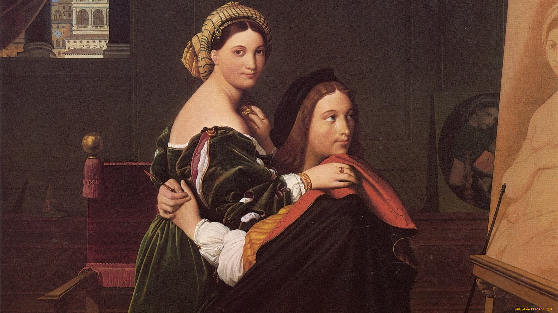 рисованное, живопись, интерьер, мужчина, девушка, взгляд, фон