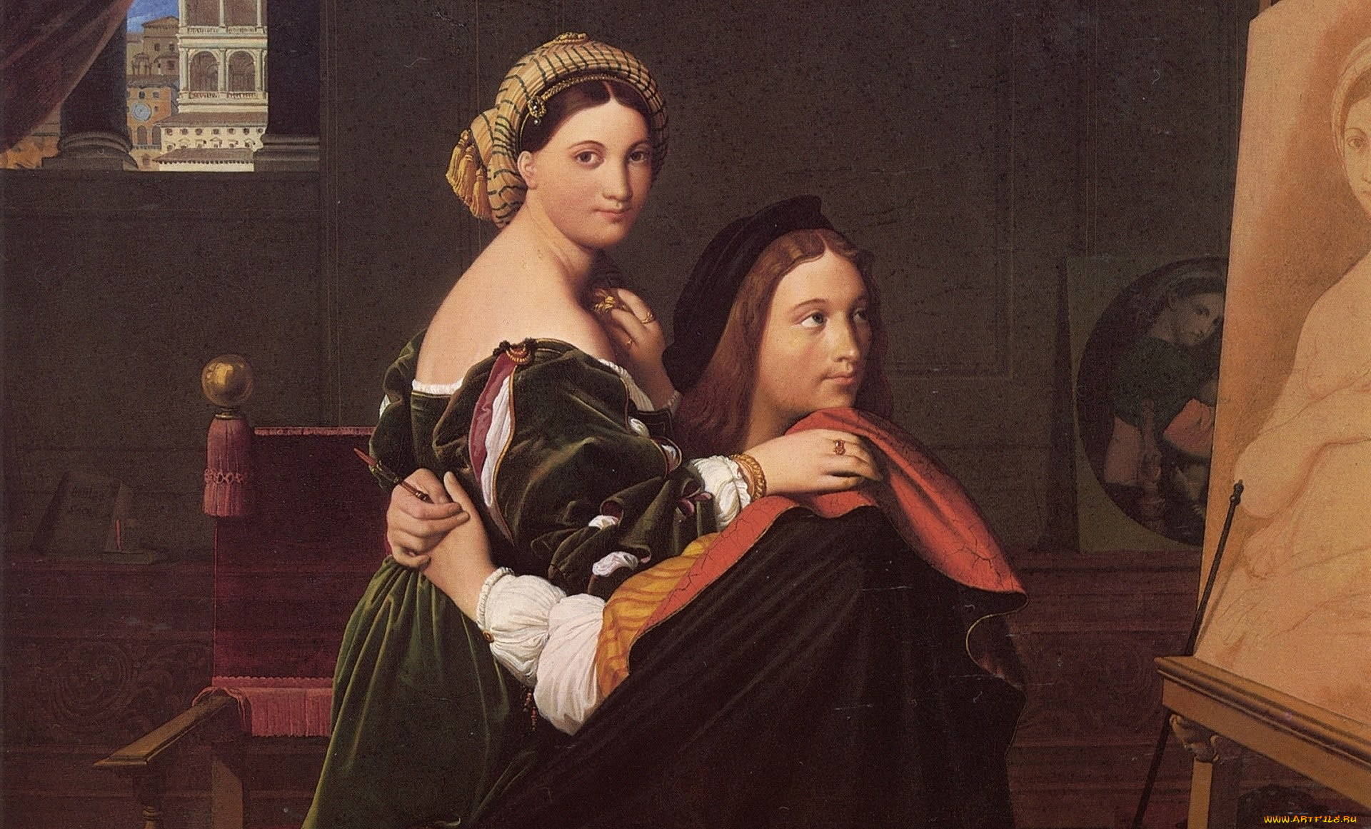 рисованное, живопись, интерьер, мужчина, девушка, взгляд, фон