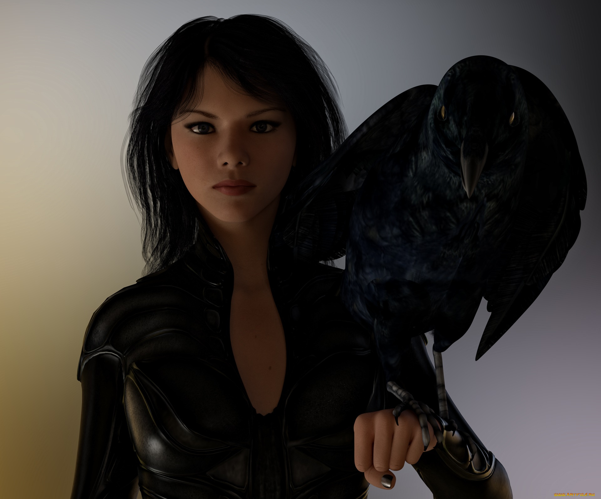 3д, графика, люди, , people, фон, ворон, девушка, взгляд