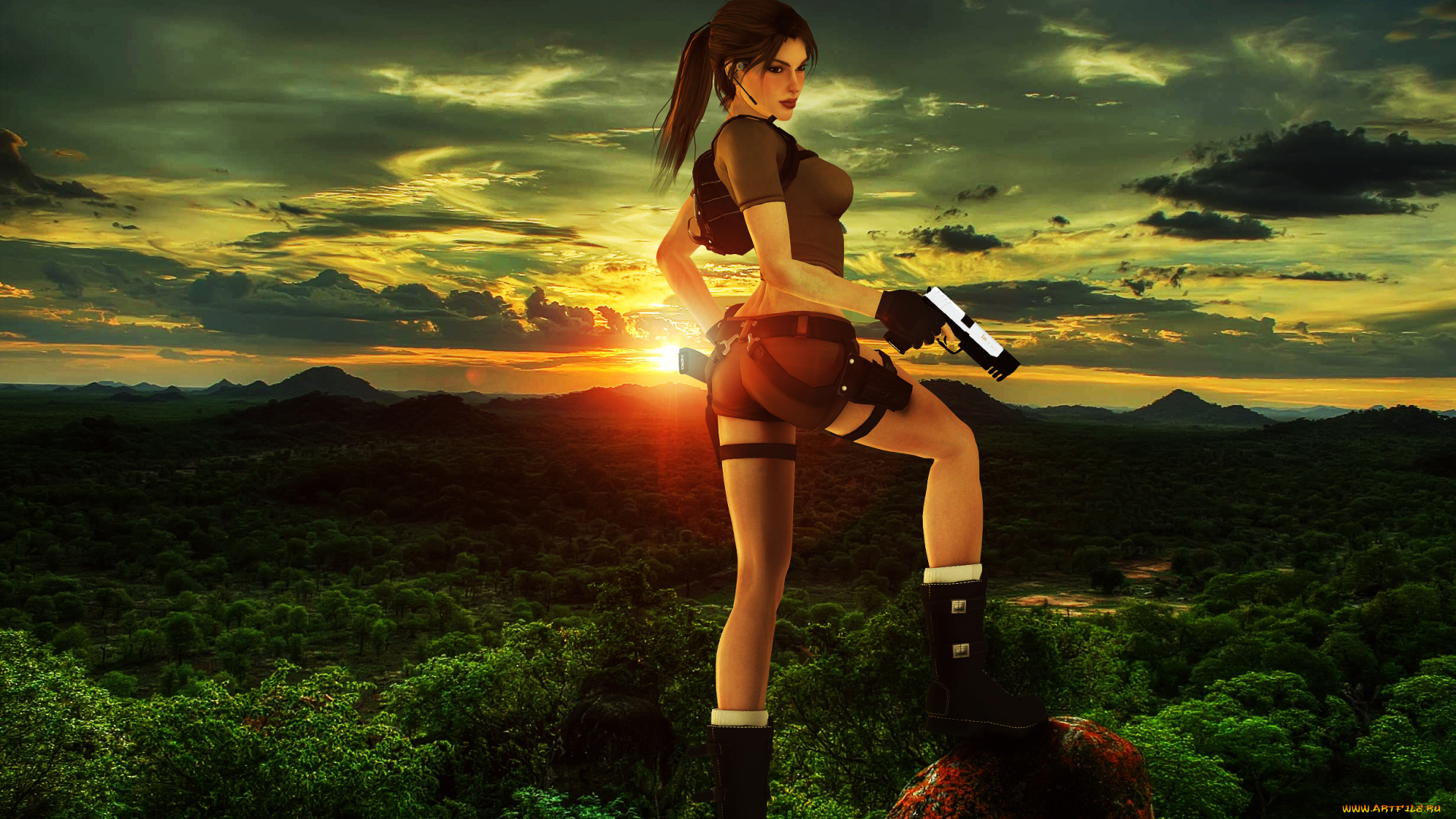 3д, графика, амазонки, , amazon, девушка, фон, пистолет, природа