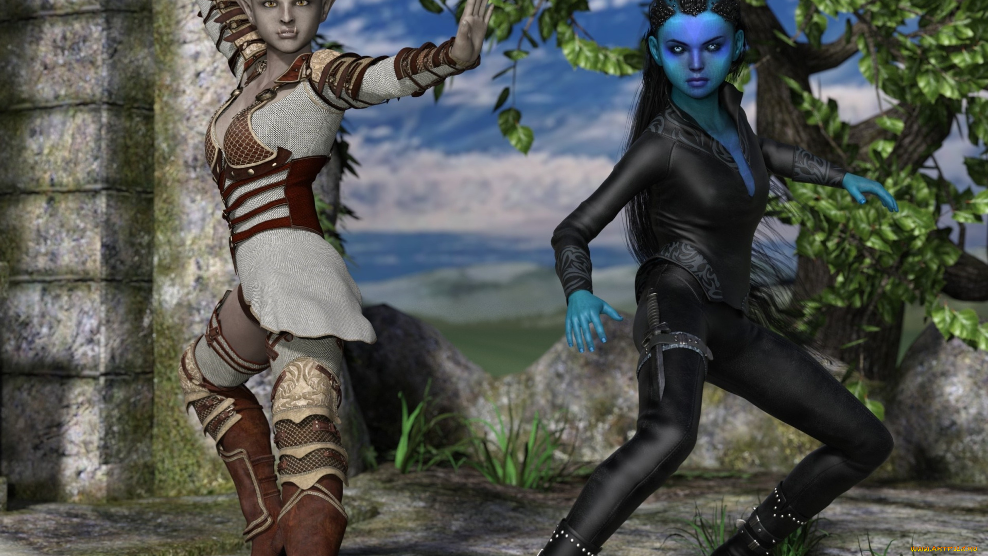 3д, графика, эльфы, , elves, фон, взгляд, эльфийки