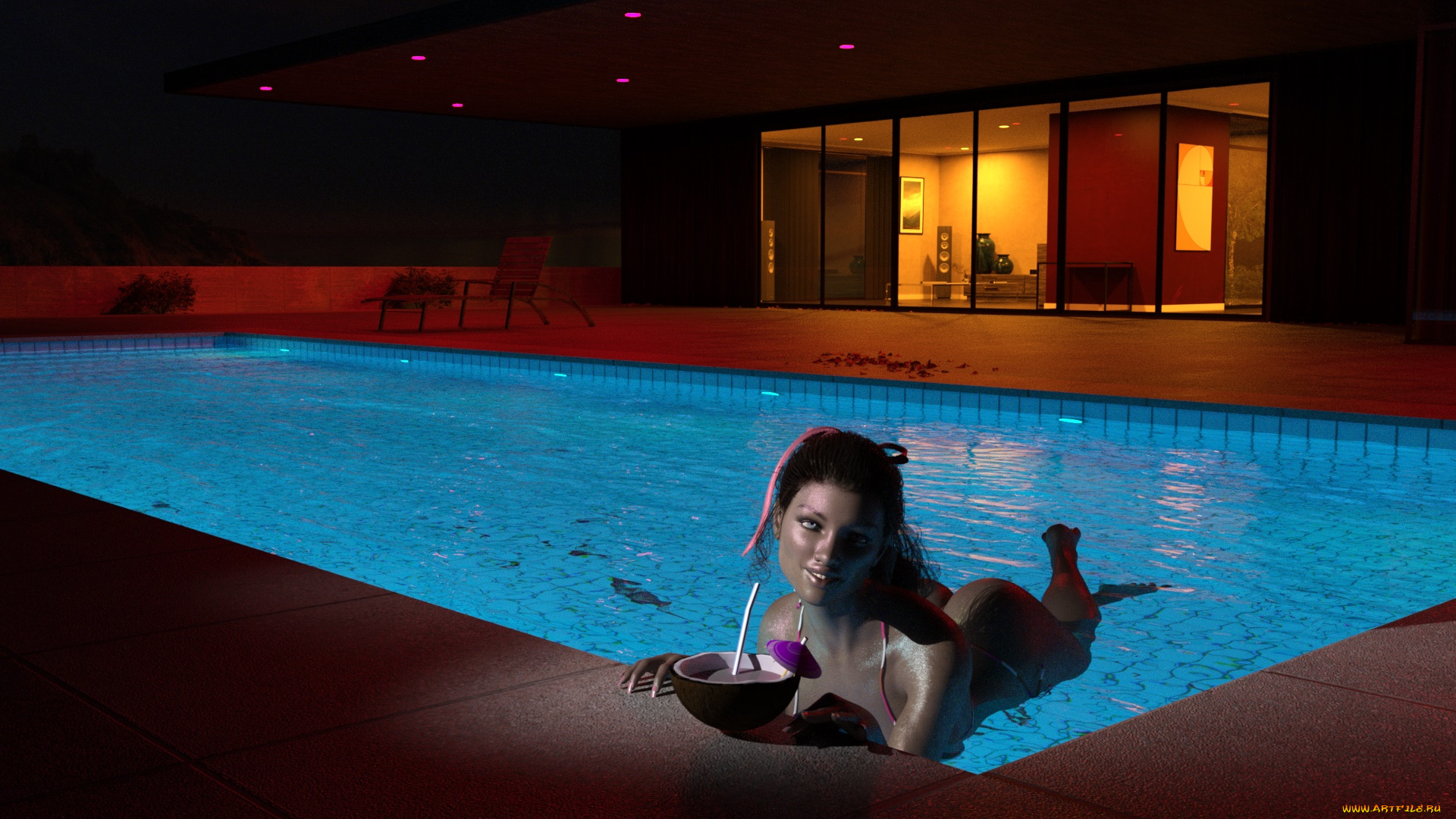 3д, графика, люди, , people, девушка, взгляд, фон, бассейн