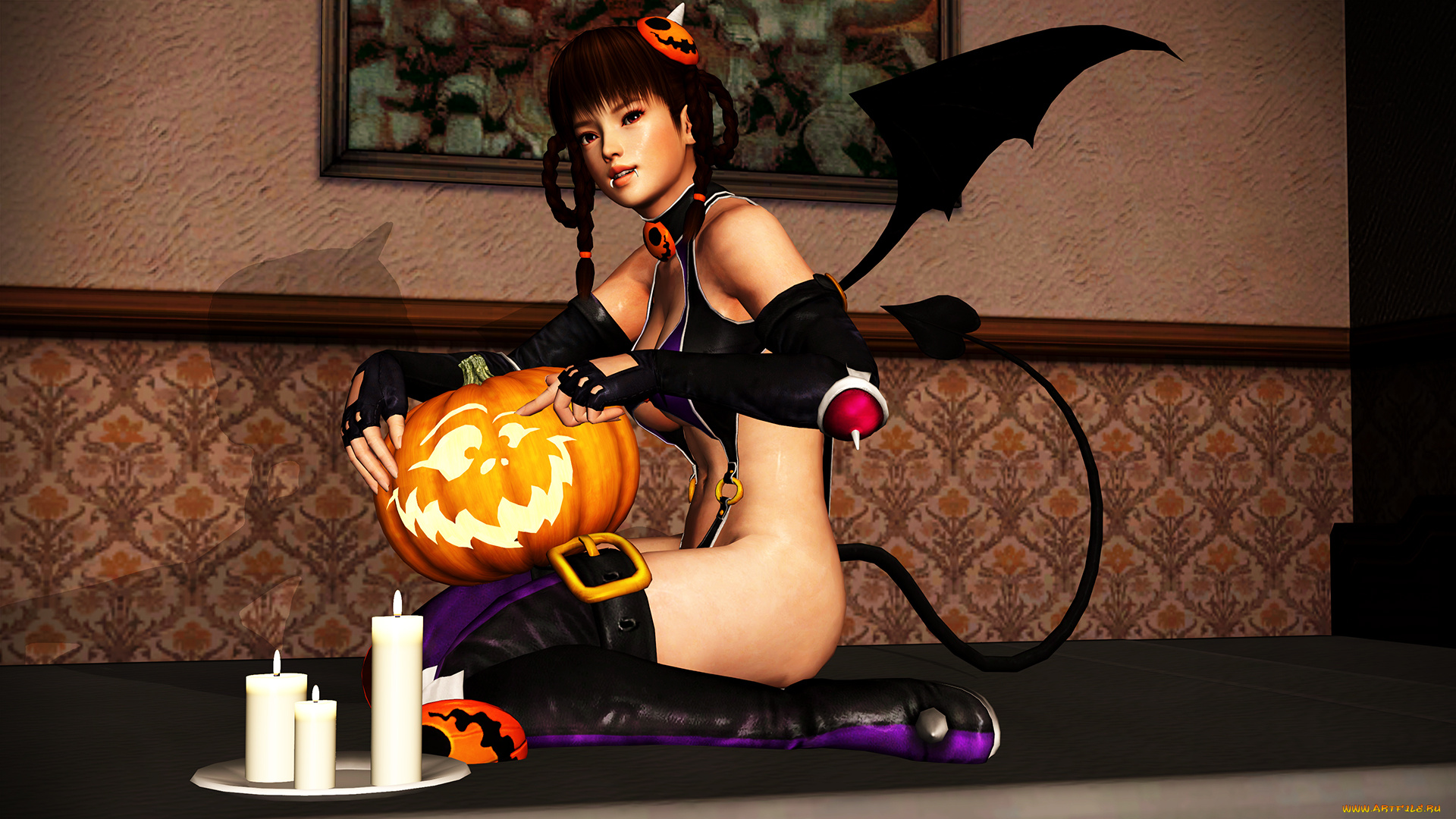 3д, графика, праздники, , holidays, девушка, взгляд, фон, тыква