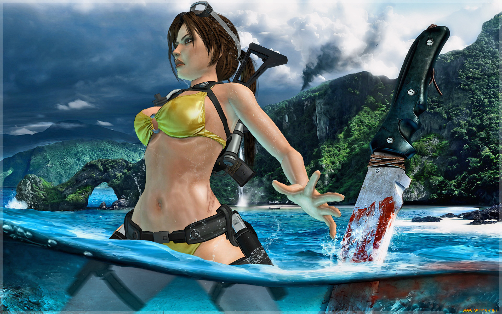 3д, графика, амазонки, , amazon, вода, купальник, девушка, фон, гора, нож