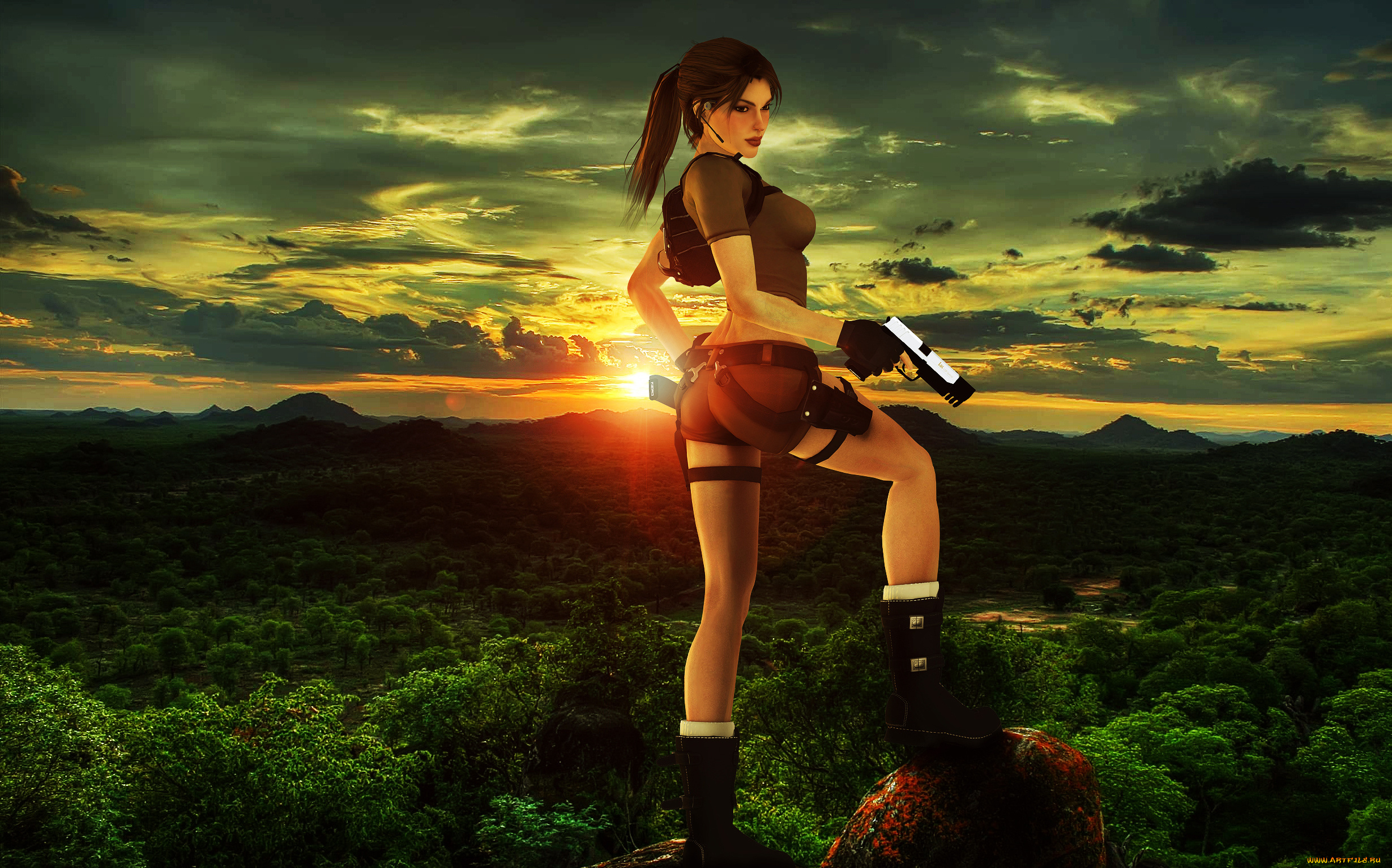 3д, графика, амазонки, , amazon, девушка, фон, пистолет, природа