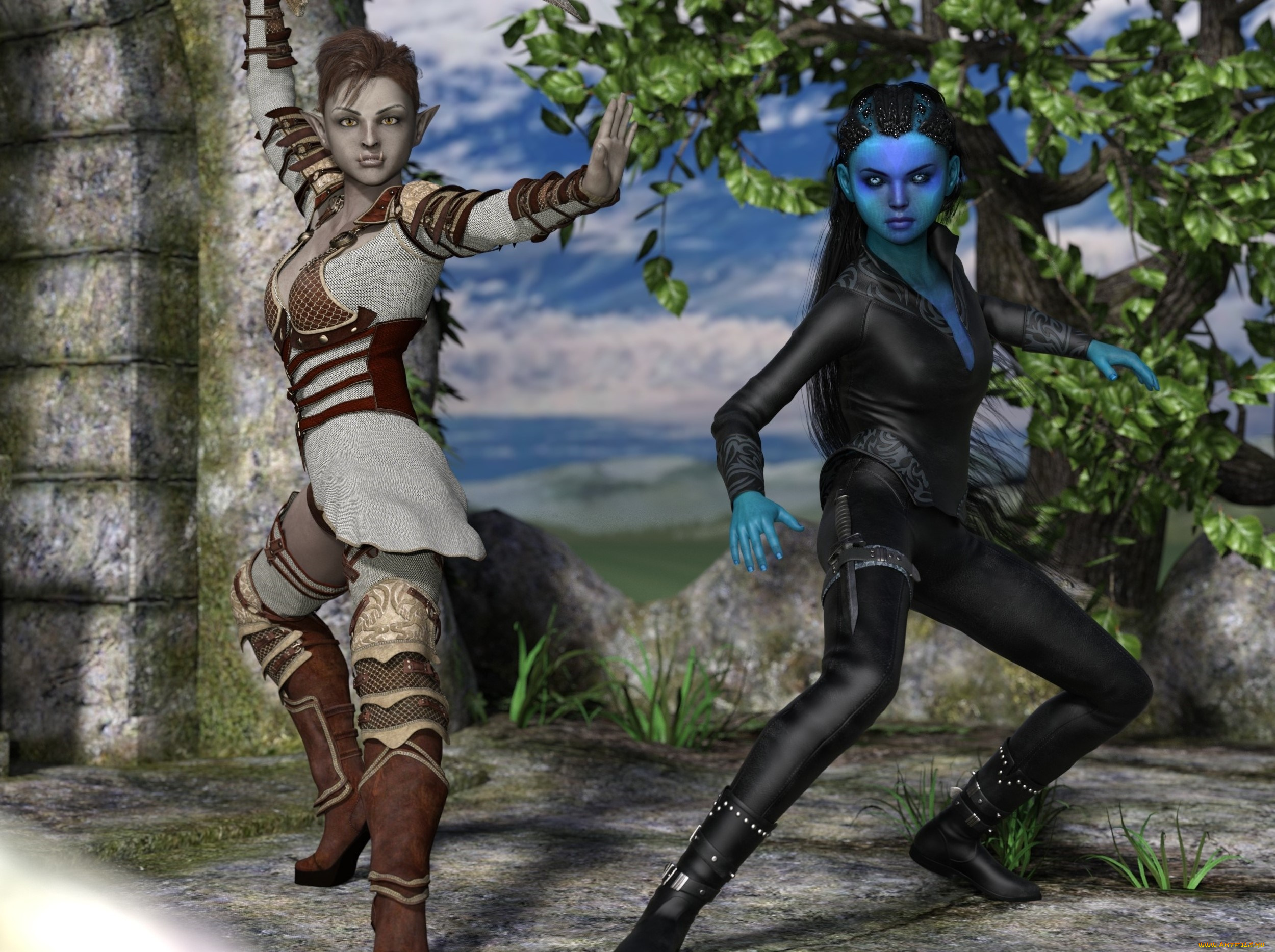 3д, графика, эльфы, , elves, фон, взгляд, эльфийки