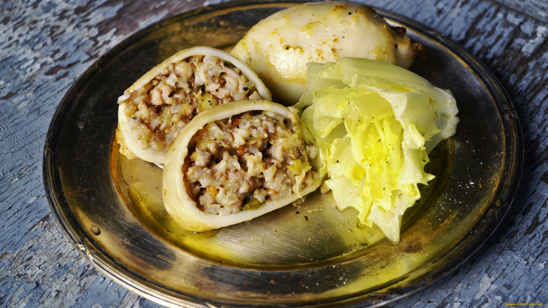 еда, рыбные, блюда, , с, морепродуктами, фаршированный, кальмар