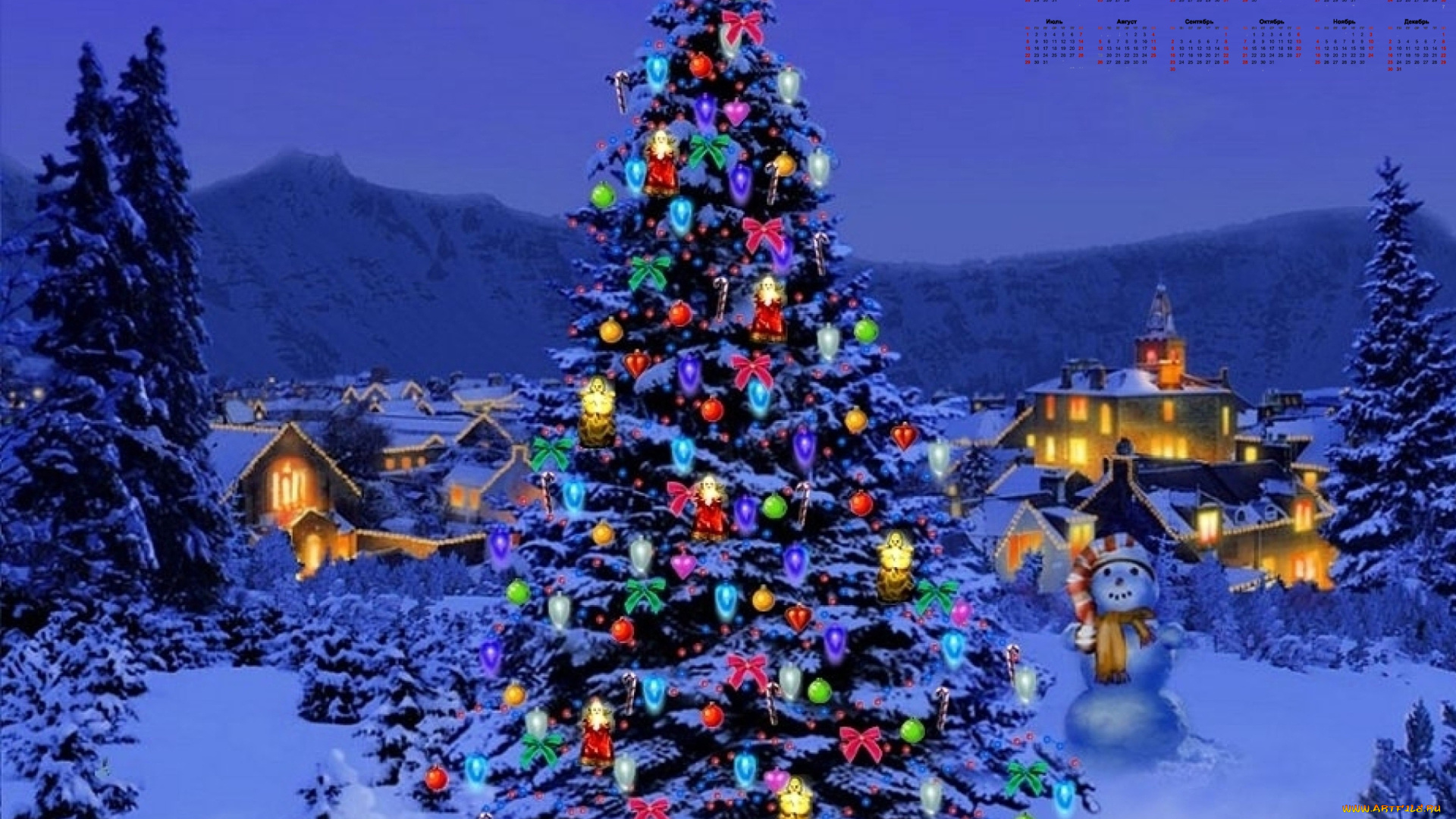календари, праздники, , салюты, гора, дом, зима, снеговик, гирлянда, елка, 2018