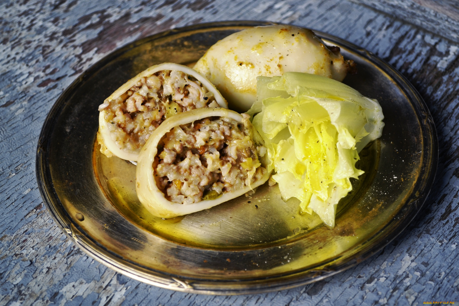 еда, рыбные, блюда, , с, морепродуктами, фаршированный, кальмар