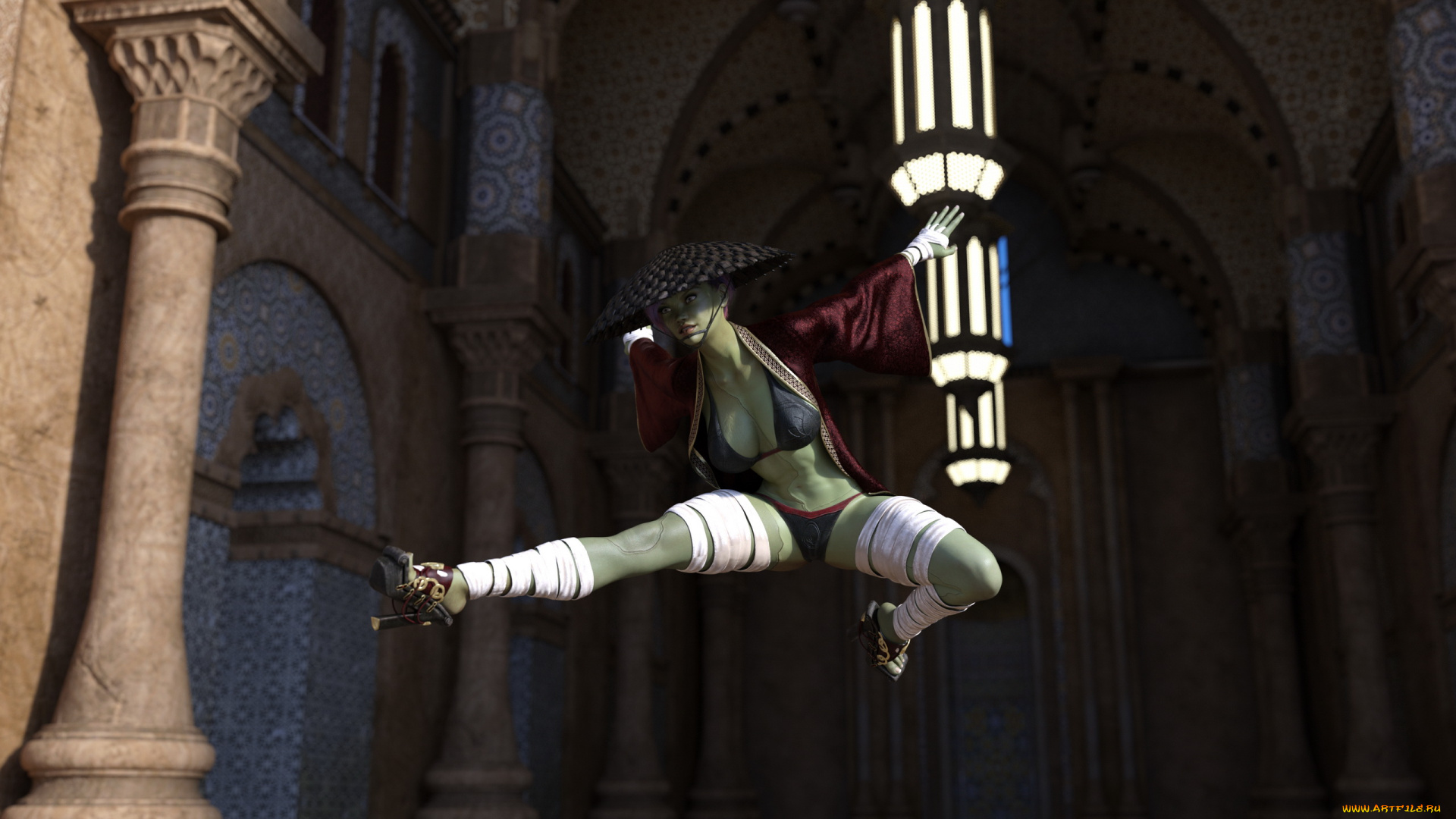 3д, графика, _science, fiction, фолн, девушка, шляпа, прыжок