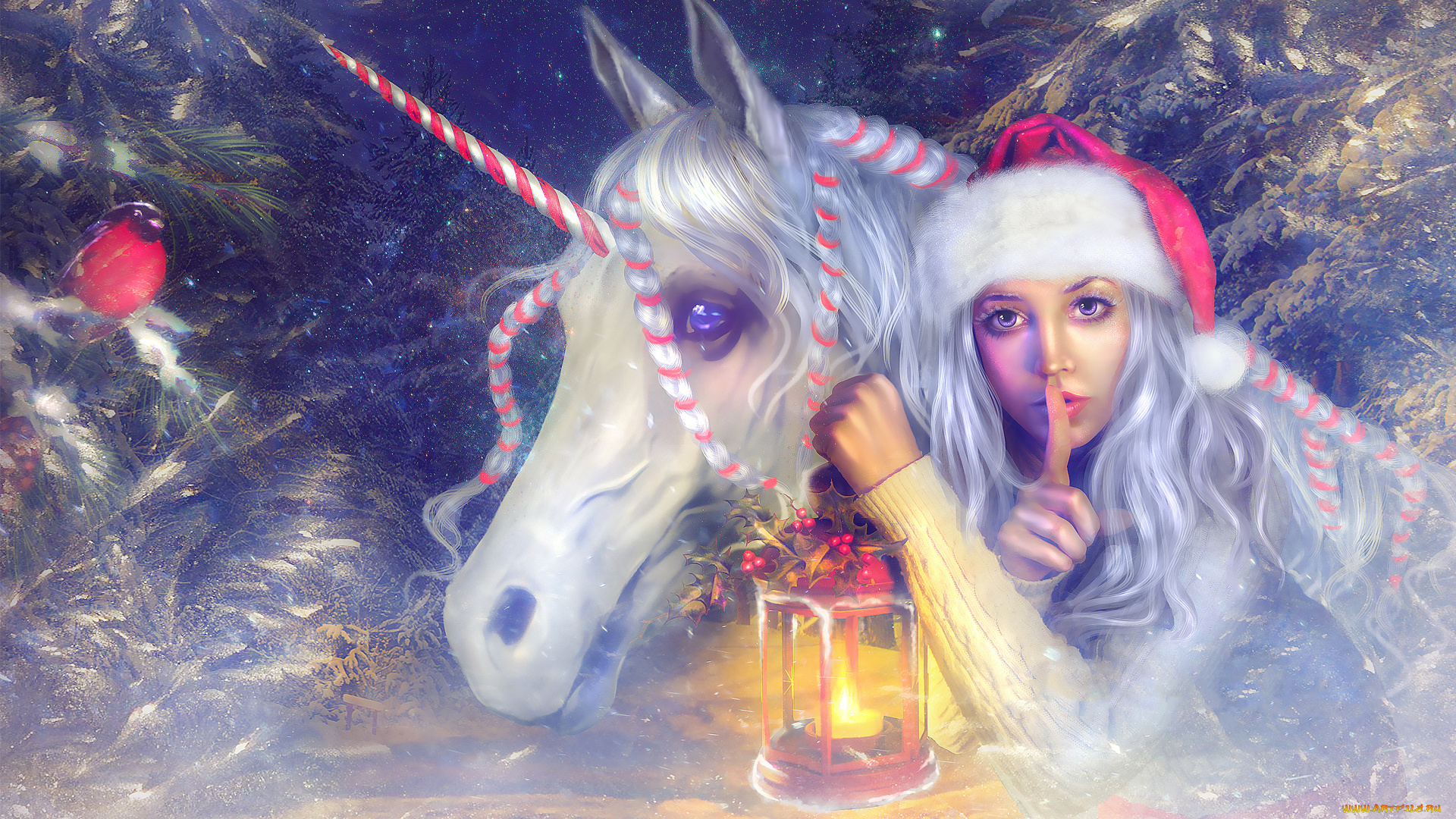 праздничные, -, разное, , новый, год, лампа, единорог, взгляд, фон, девушка