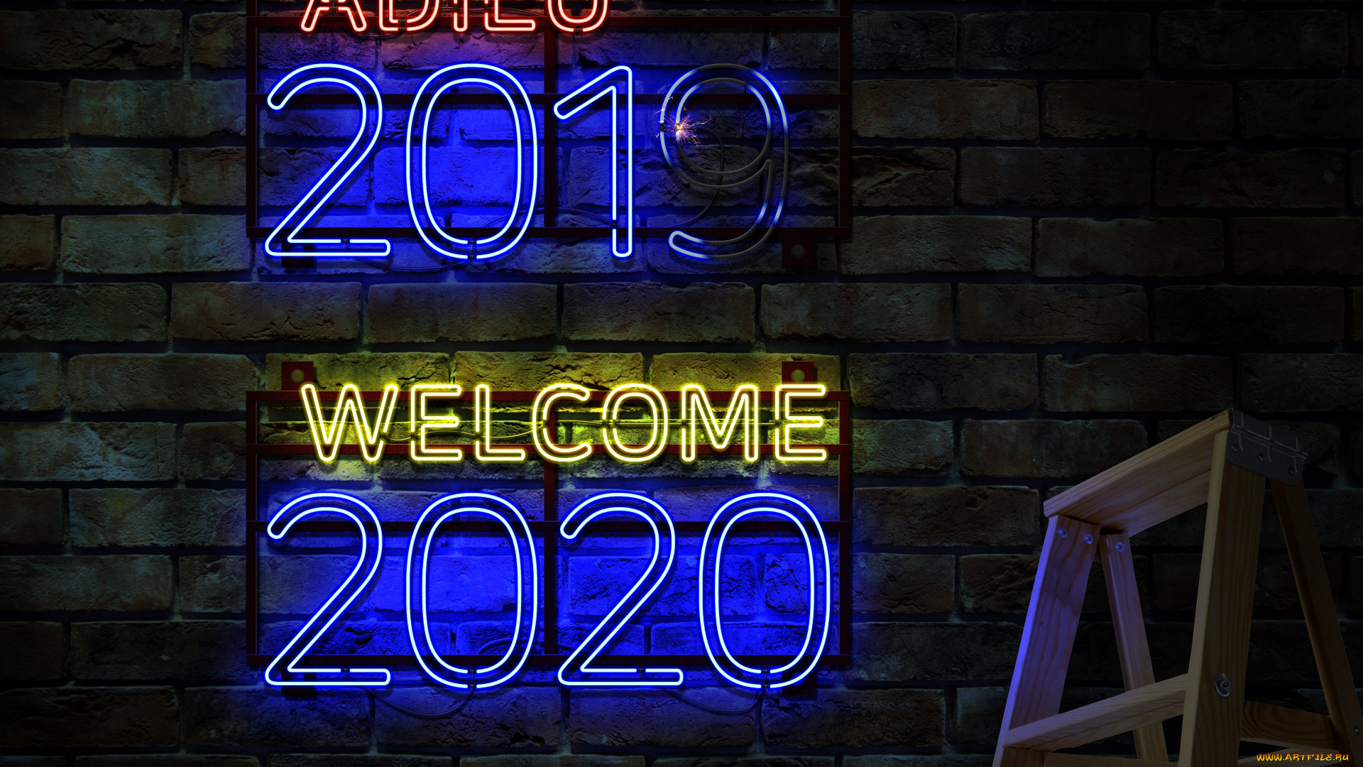 праздничные, -, разное, , новый, год, обои, для, рабочего, стола, неоновые, цифры, стремянка, новый, 2020, год