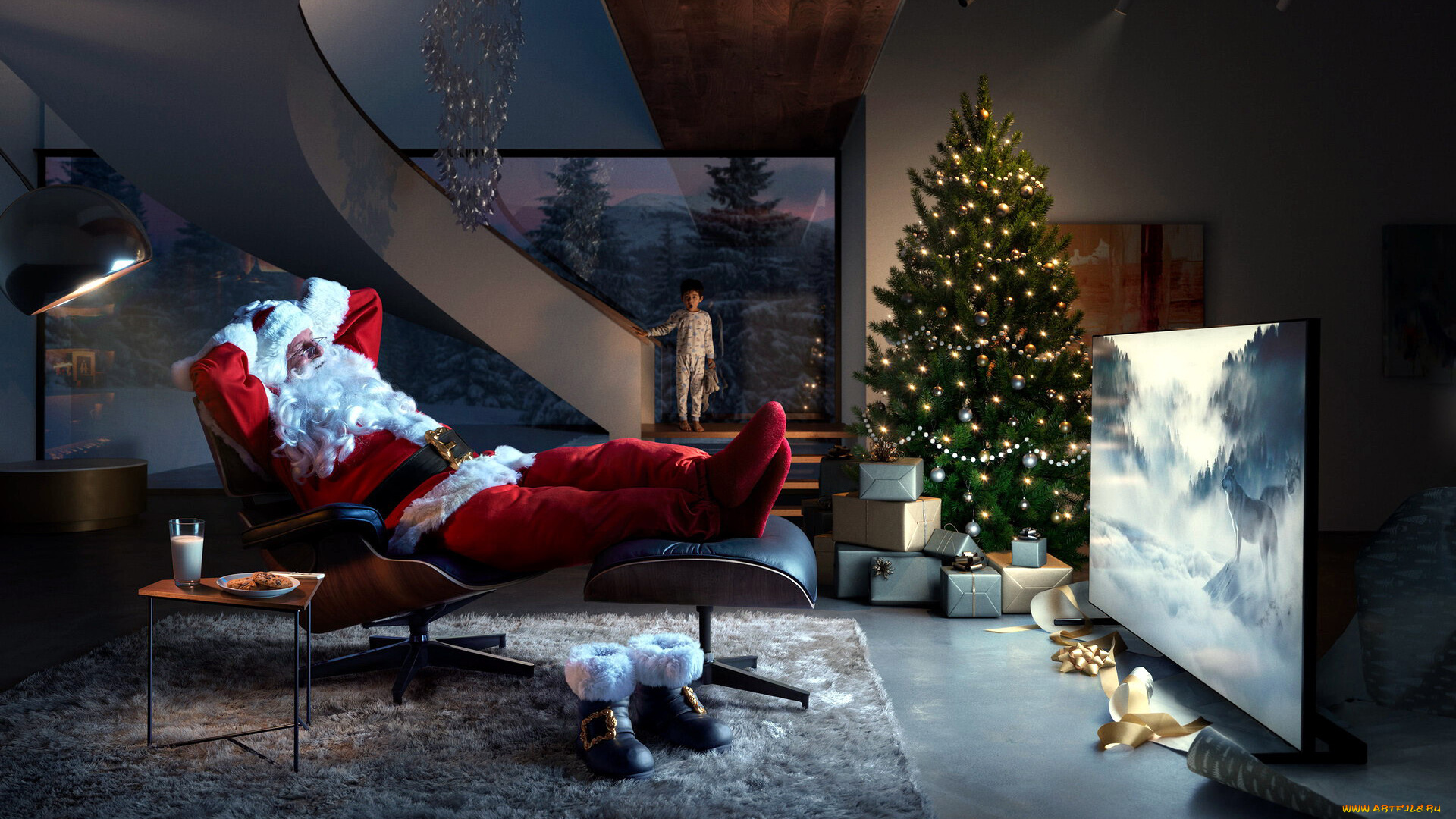 праздничные, дед, мороз, , санта, клаус, санта, елка, телевизор, ребенок