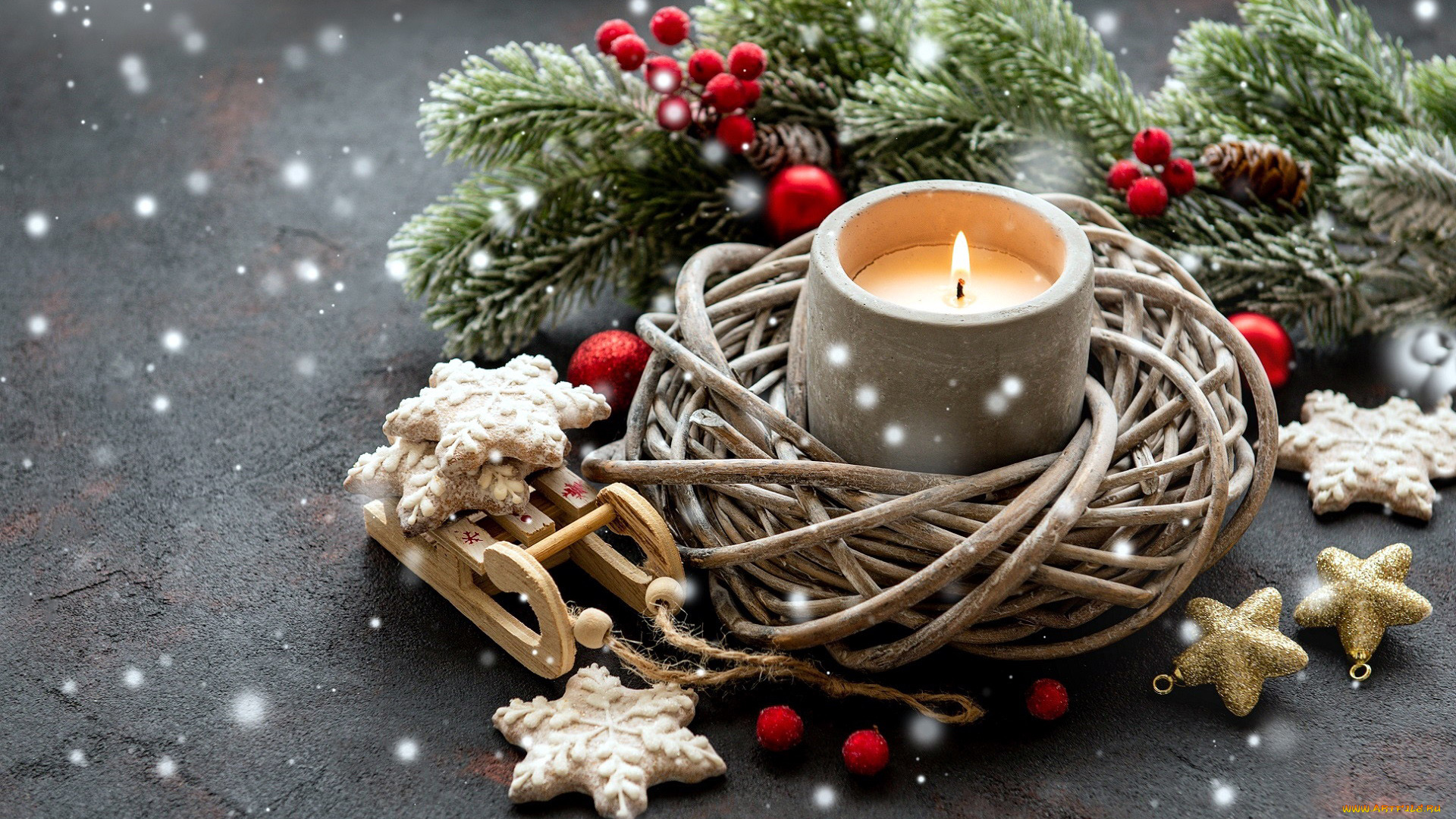 праздничные, новогодние, свечи, огонек, печенье, свеча, композиция