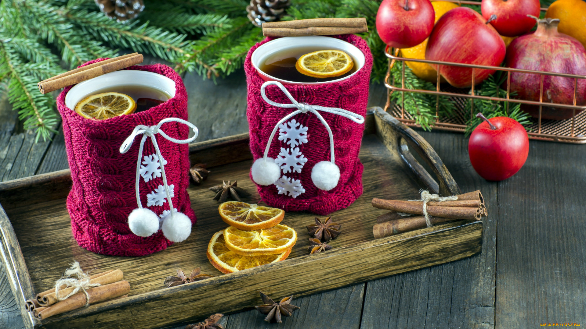 праздничные, угощения, чай, лимон, корица, фрукты