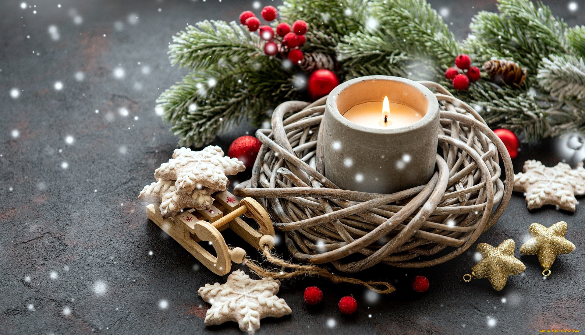 праздничные, новогодние, свечи, огонек, печенье, свеча, композиция