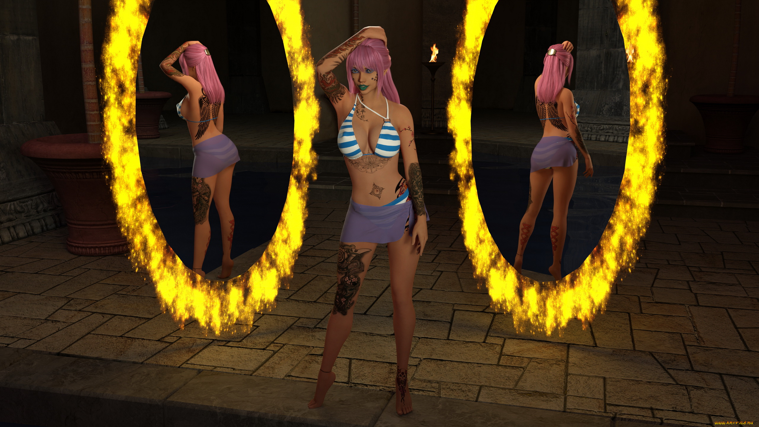 3д, графика, фантазия, , fantasy, взгляд, фон, девушка, тату, зеркало